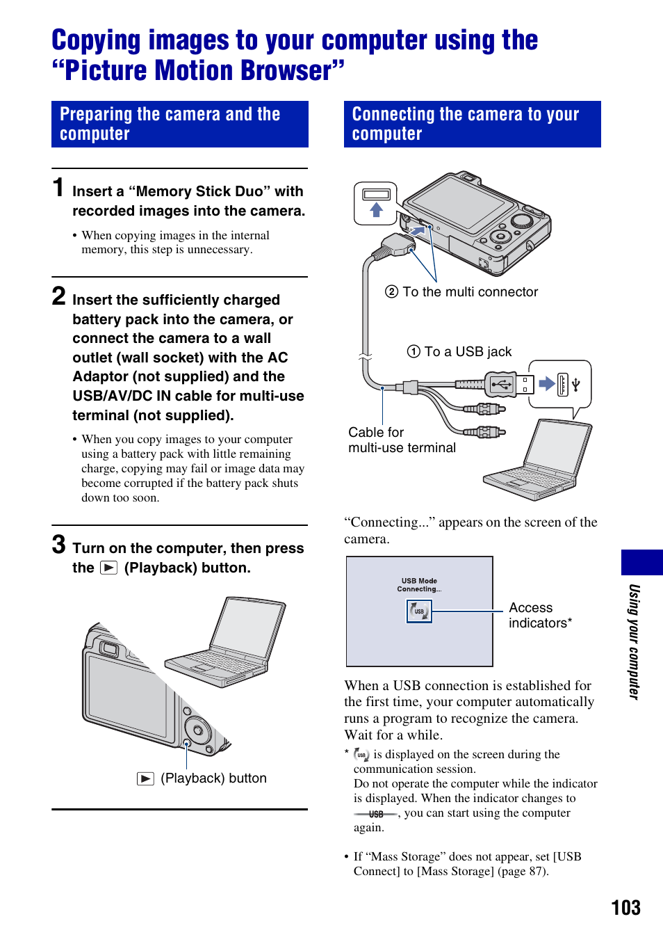 Preparing the camera and the computer, Connecting the camera to your computer | Sony DSC-W300 User Manual | Page 103 / 145
