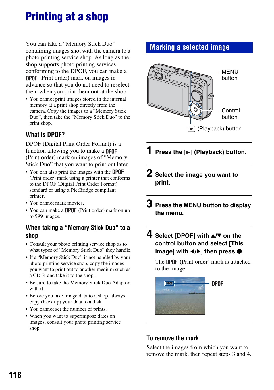 Printing at a shop, Marking a selected image | Sony DSC-W300 User Manual | Page 118 / 145