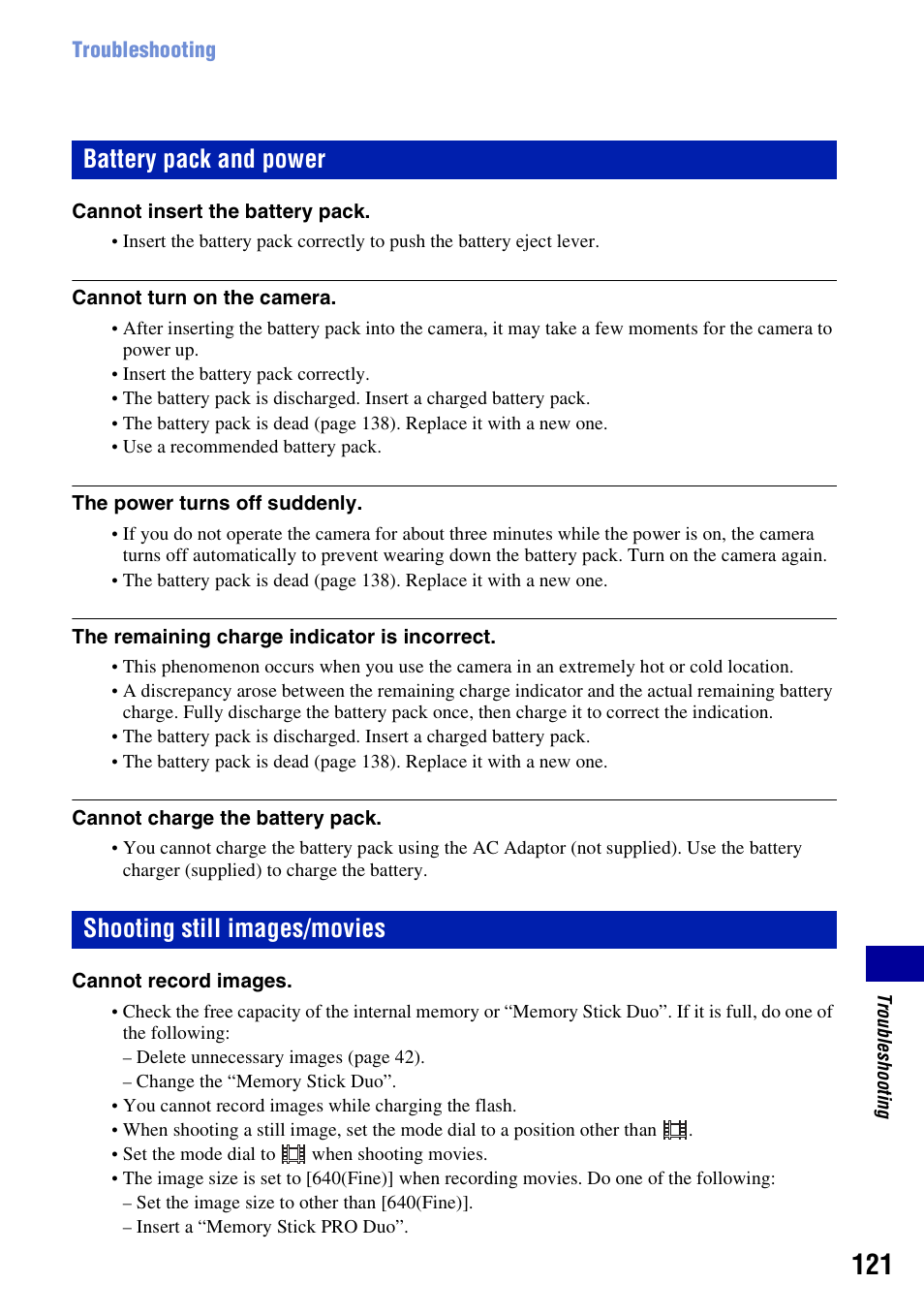 S 121 t, Battery pack and power, Shooting still images/movies | Sony DSC-W300 User Manual | Page 121 / 145