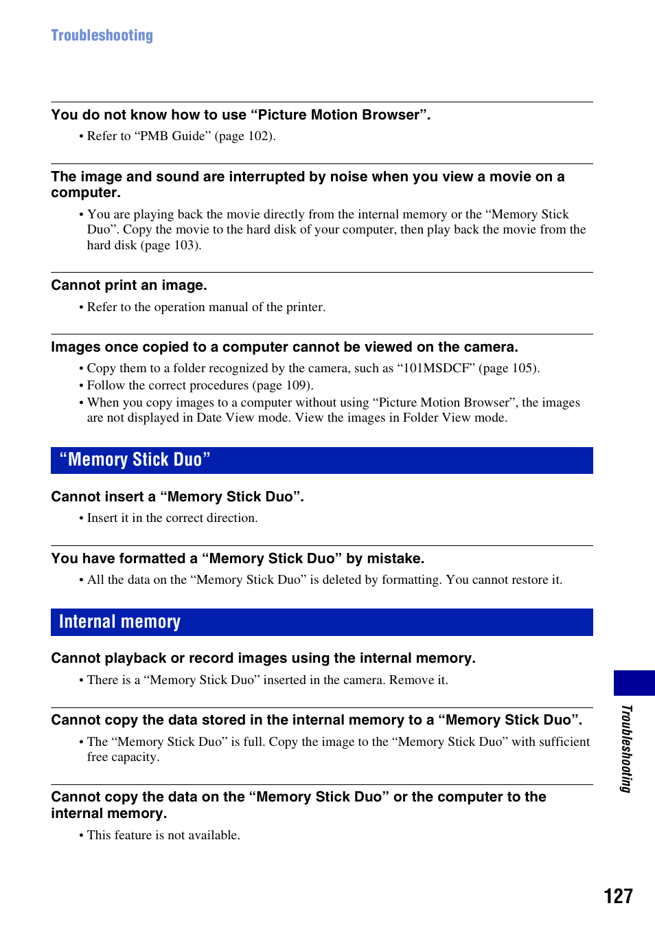 Memory stick duo, Internal memory | Sony DSC-W300 User Manual | Page 127 / 145