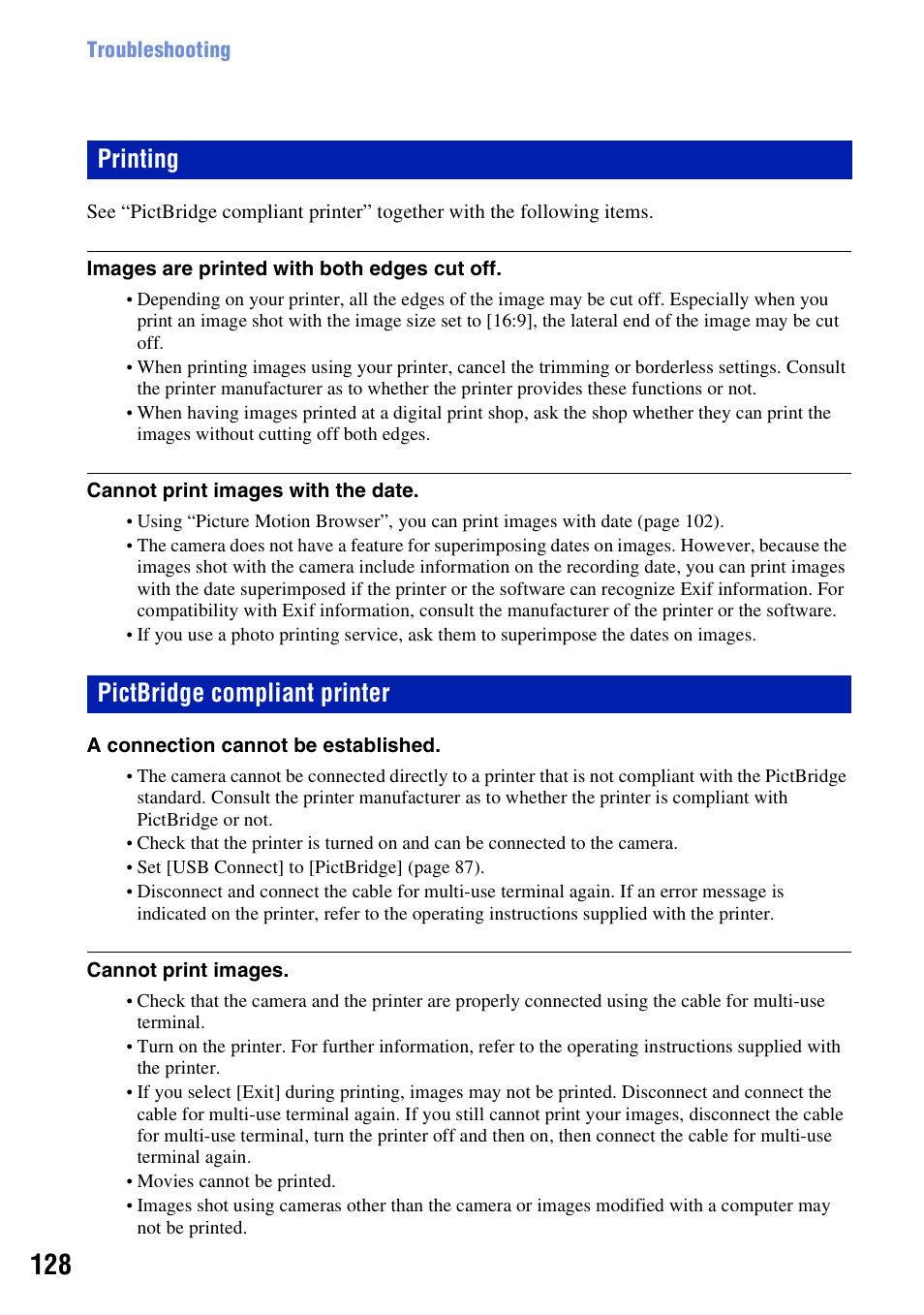 Printing, Pictbridge compliant printer, Printing pictbridge compliant printer | Sony DSC-W300 User Manual | Page 128 / 145