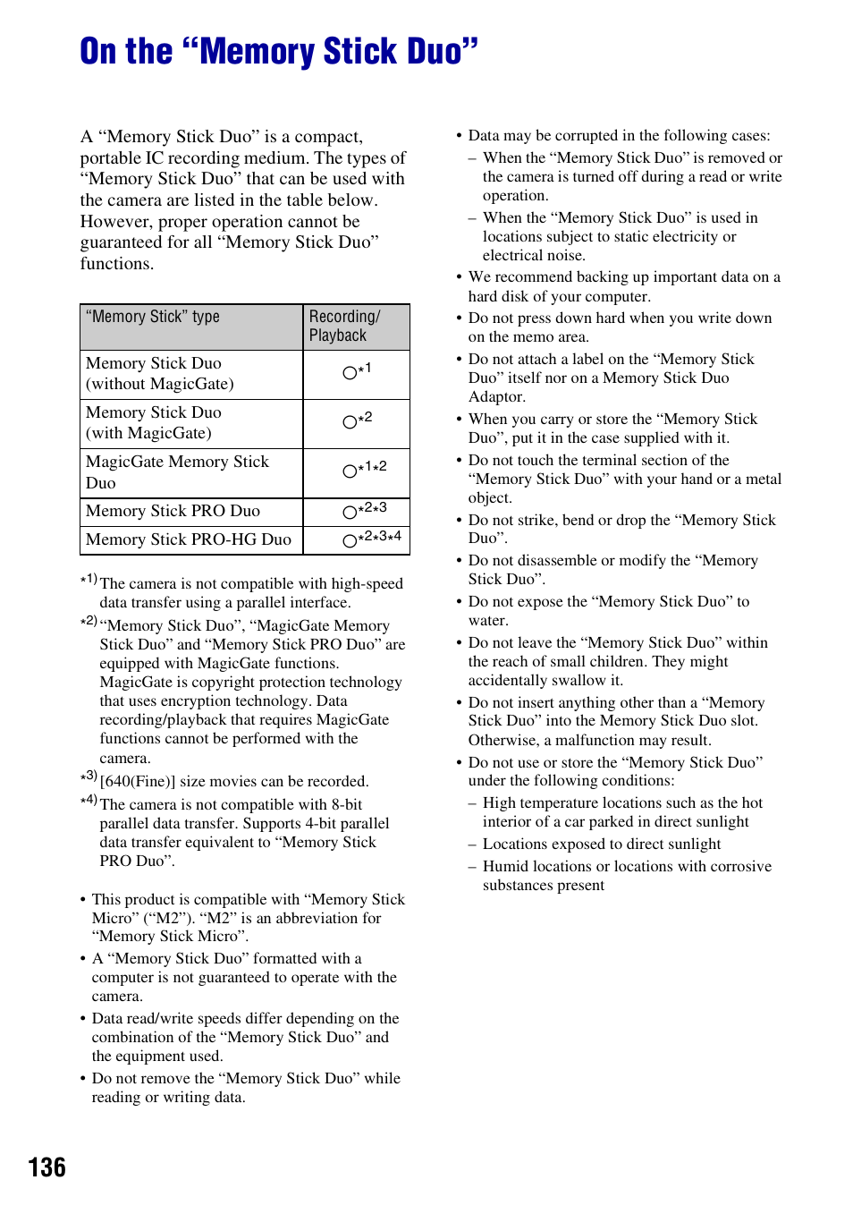 On the “memory stick duo | Sony DSC-W300 User Manual | Page 136 / 145