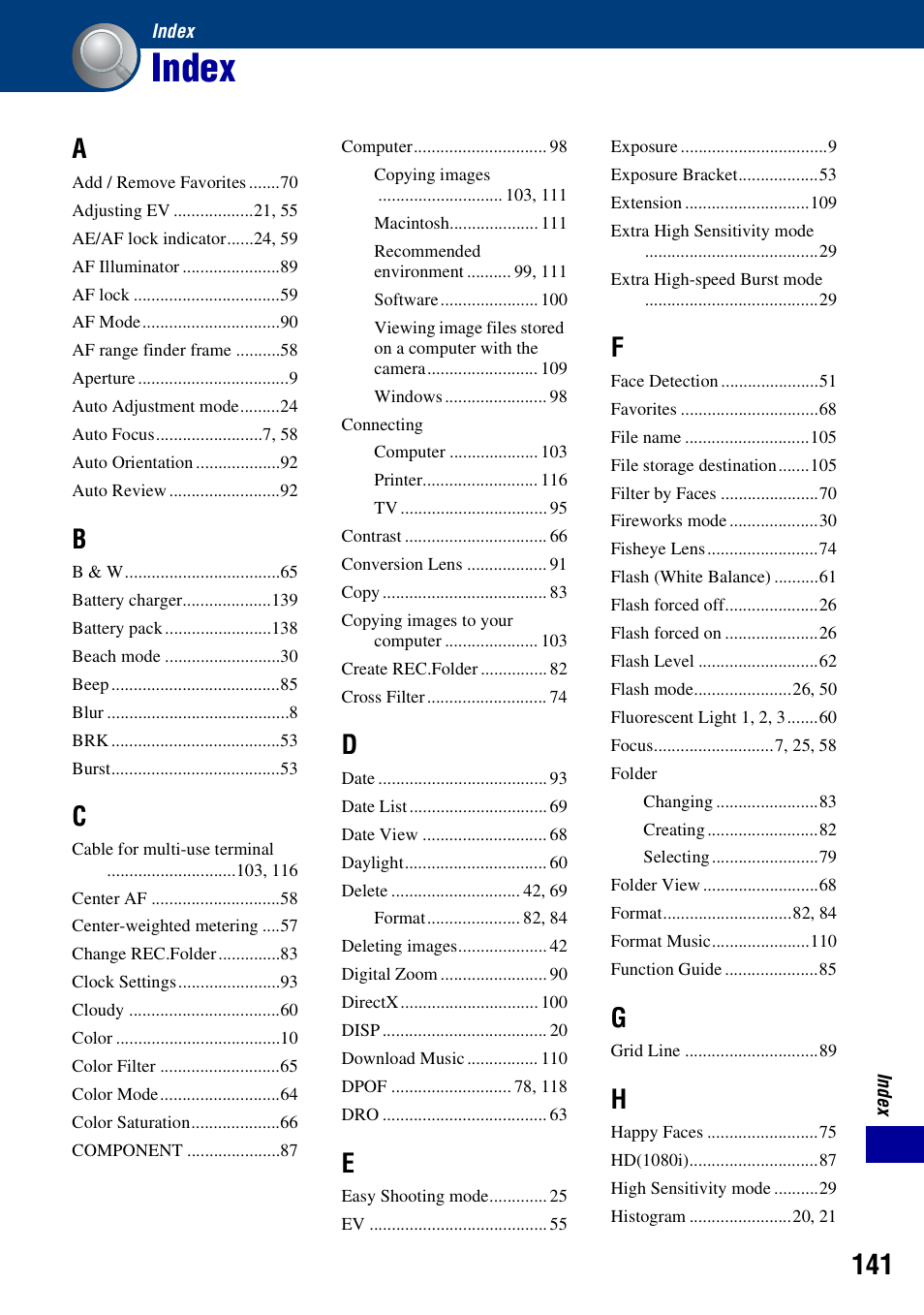 Index | Sony DSC-W300 User Manual | Page 141 / 145