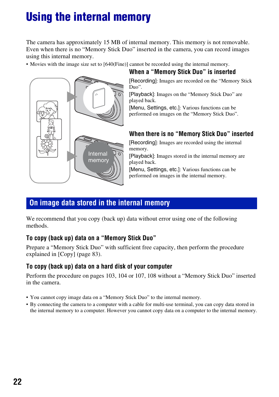 Using the internal memory | Sony DSC-W300 User Manual | Page 22 / 145