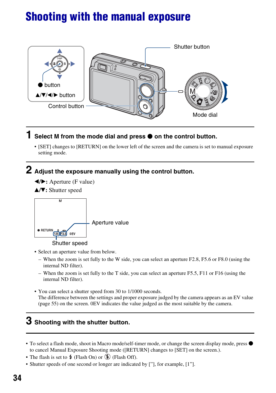 Shooting with the manual exposure | Sony DSC-W300 User Manual | Page 34 / 145