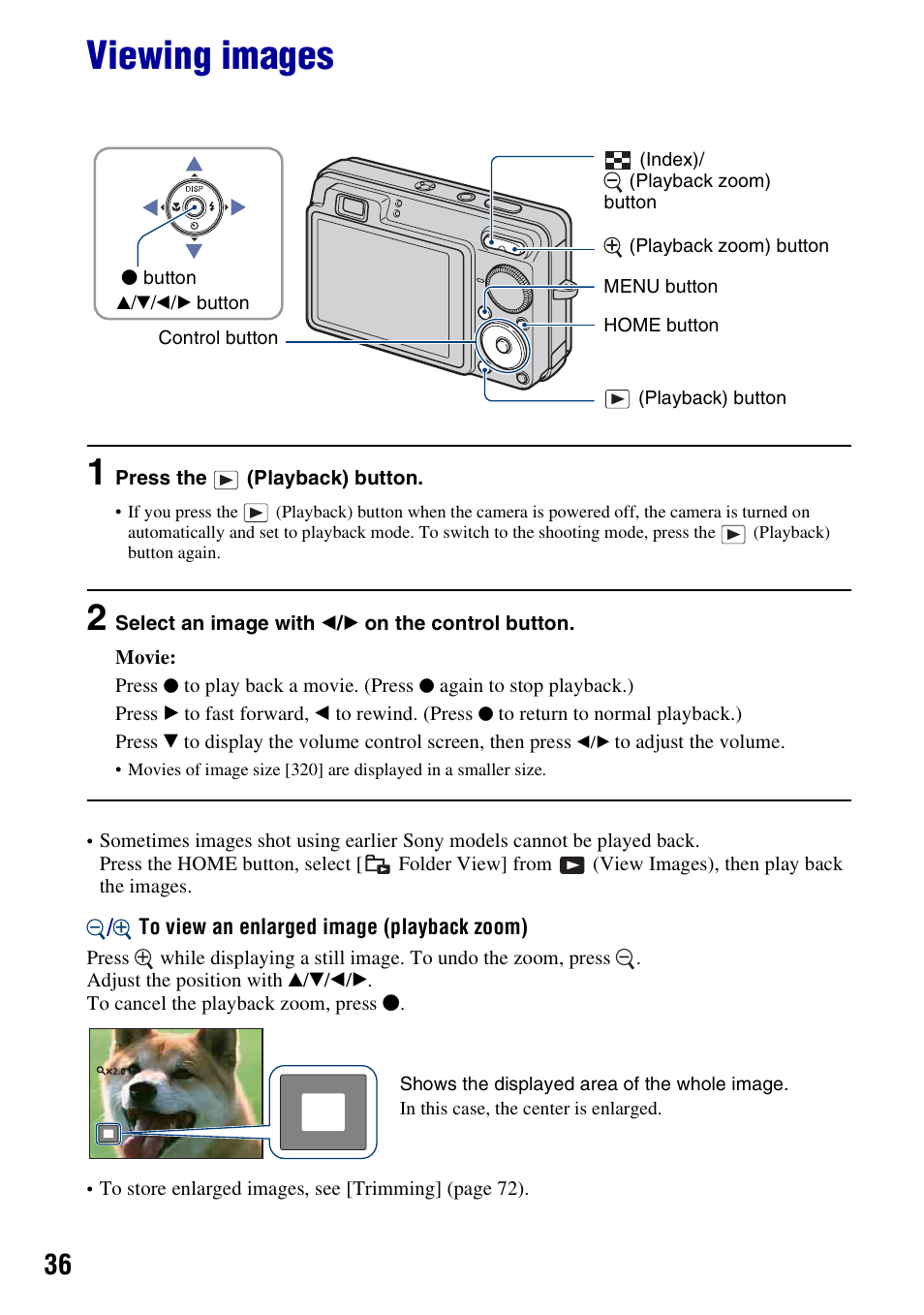 Viewing images, On (36) | Sony DSC-W300 User Manual | Page 36 / 145