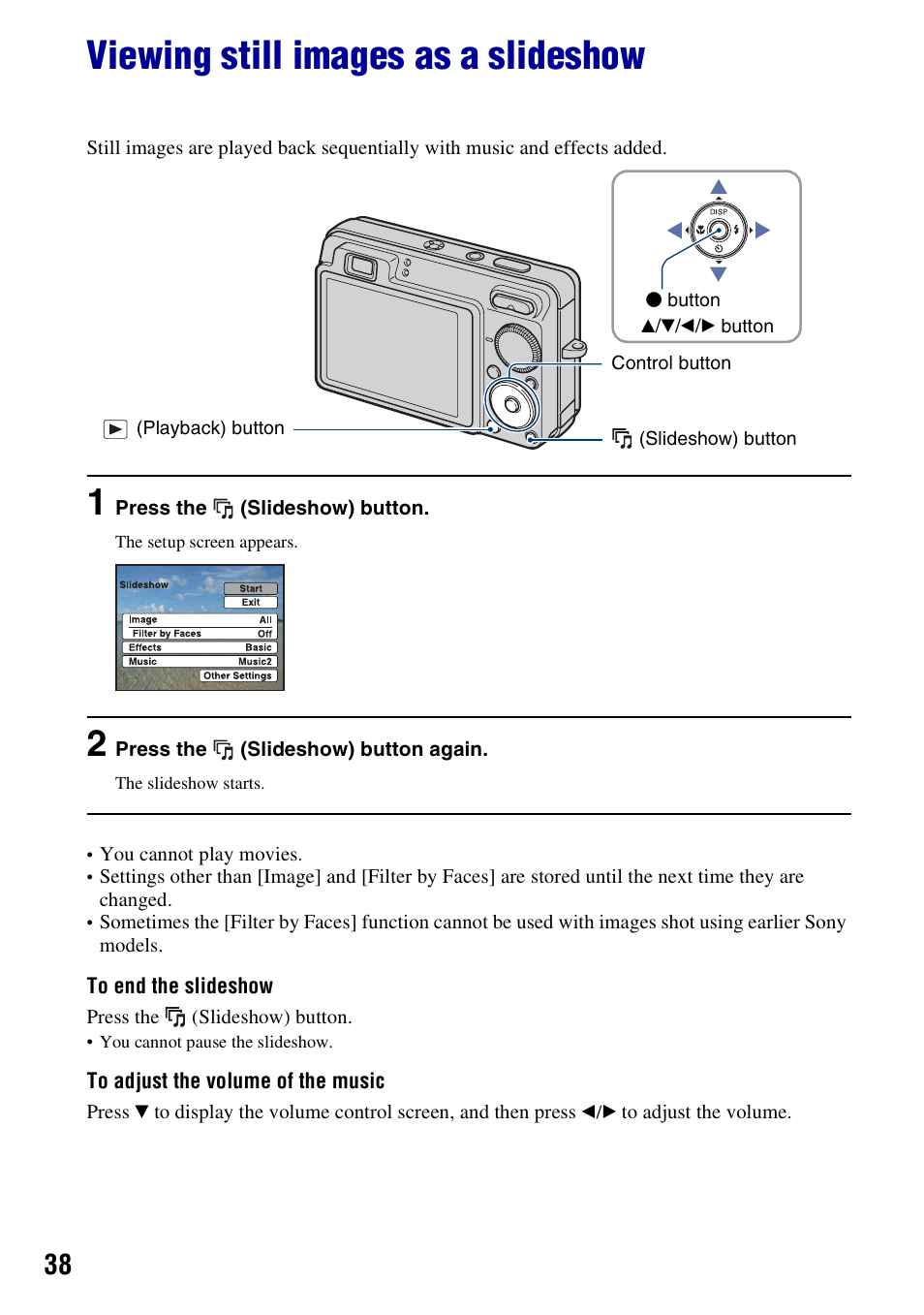 Viewing still images as a slideshow, N (38) | Sony DSC-W300 User Manual | Page 38 / 145