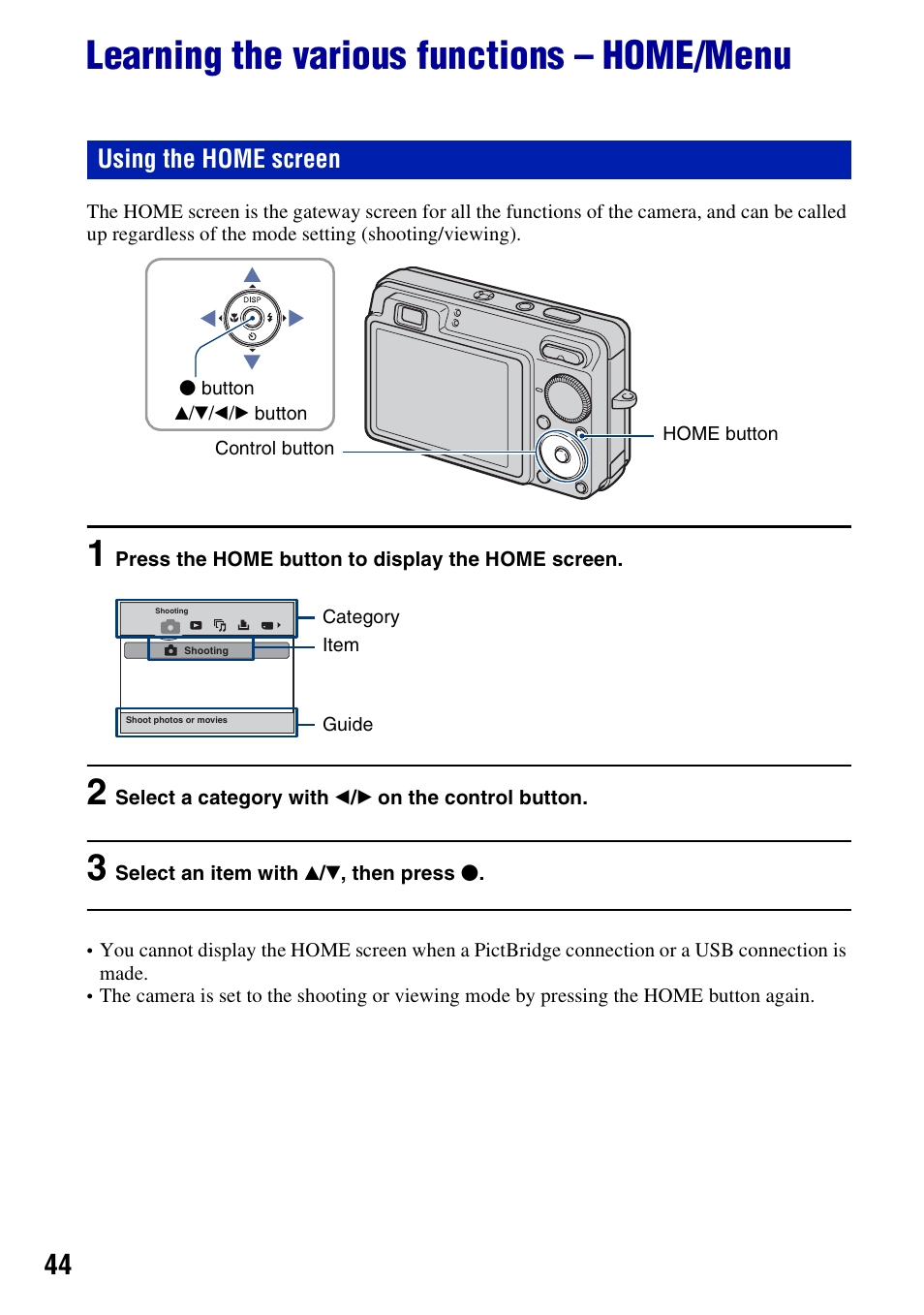 Learning the various functions - home/menu, Learning the various functions – home/menu, Using the home screen | Sony DSC-W300 User Manual | Page 44 / 145