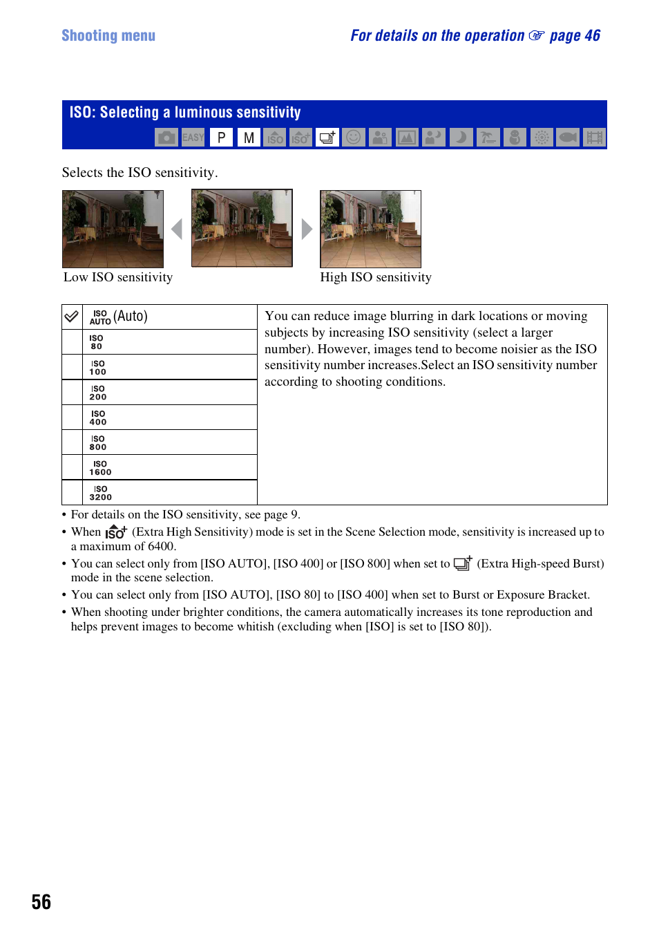 Iso: selecting a luminous sensitivity | Sony DSC-W300 User Manual | Page 56 / 145