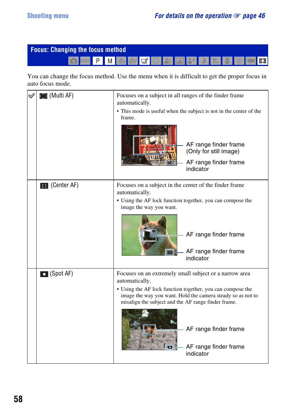Focus: changing the focus method | Sony DSC-W300 User Manual | Page 58 / 145