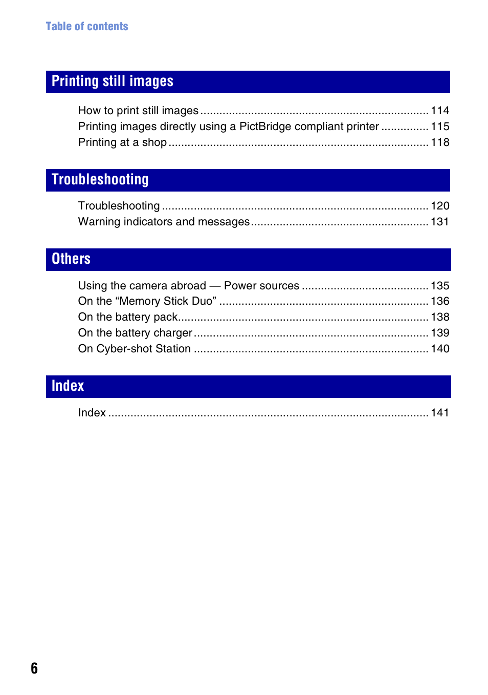Printing still images troubleshooting others index | Sony DSC-W300 User Manual | Page 6 / 145