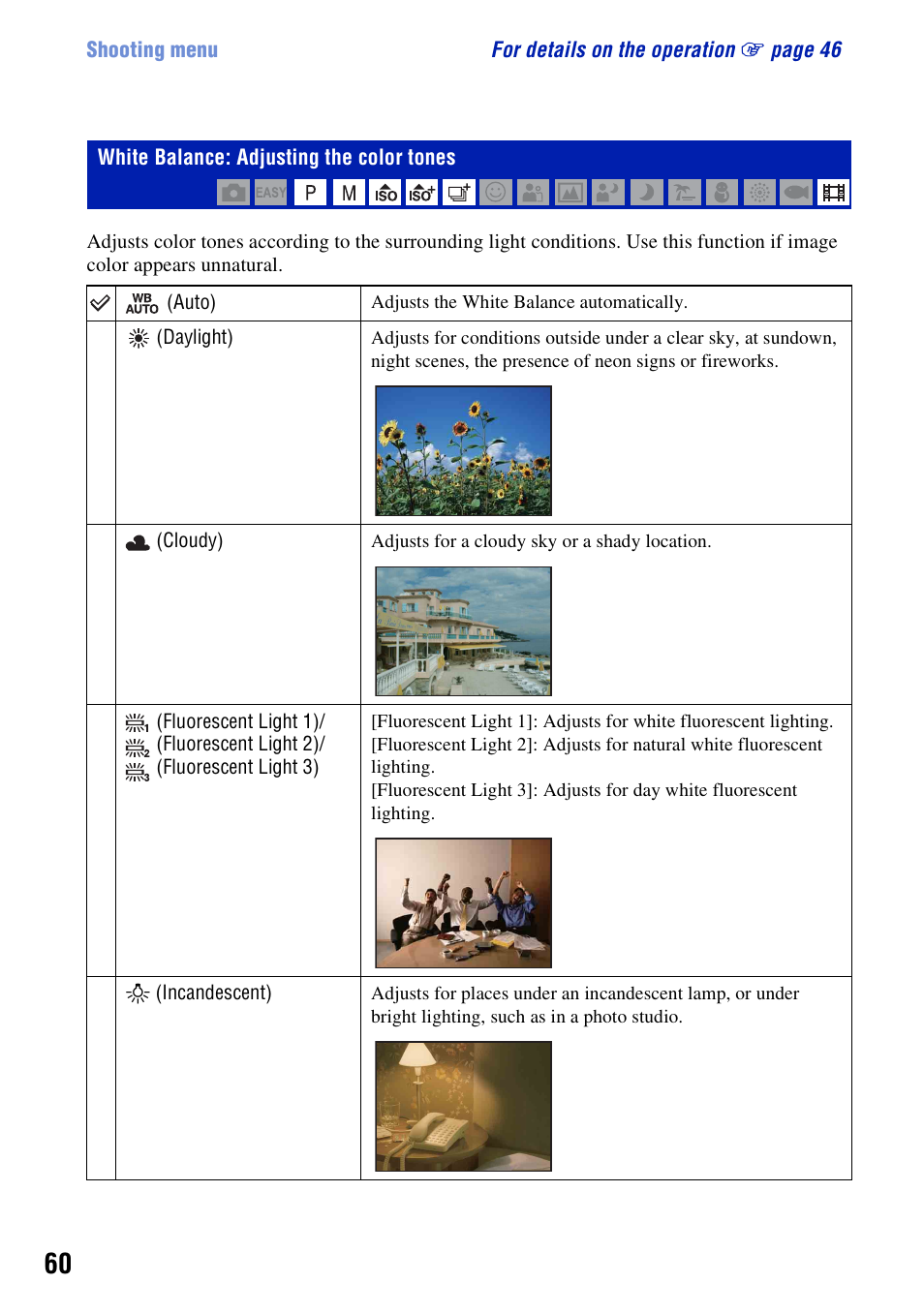 White balance: adjusting the color tones | Sony DSC-W300 User Manual | Page 60 / 145