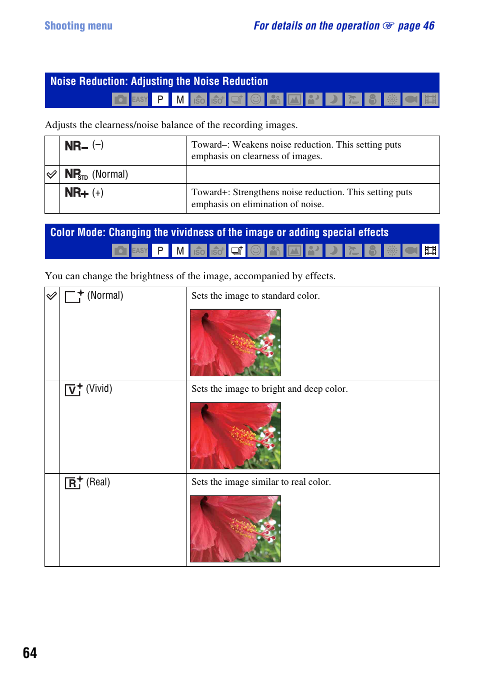 Noise reduction: adjusting the noise reduction | Sony DSC-W300 User Manual | Page 64 / 145
