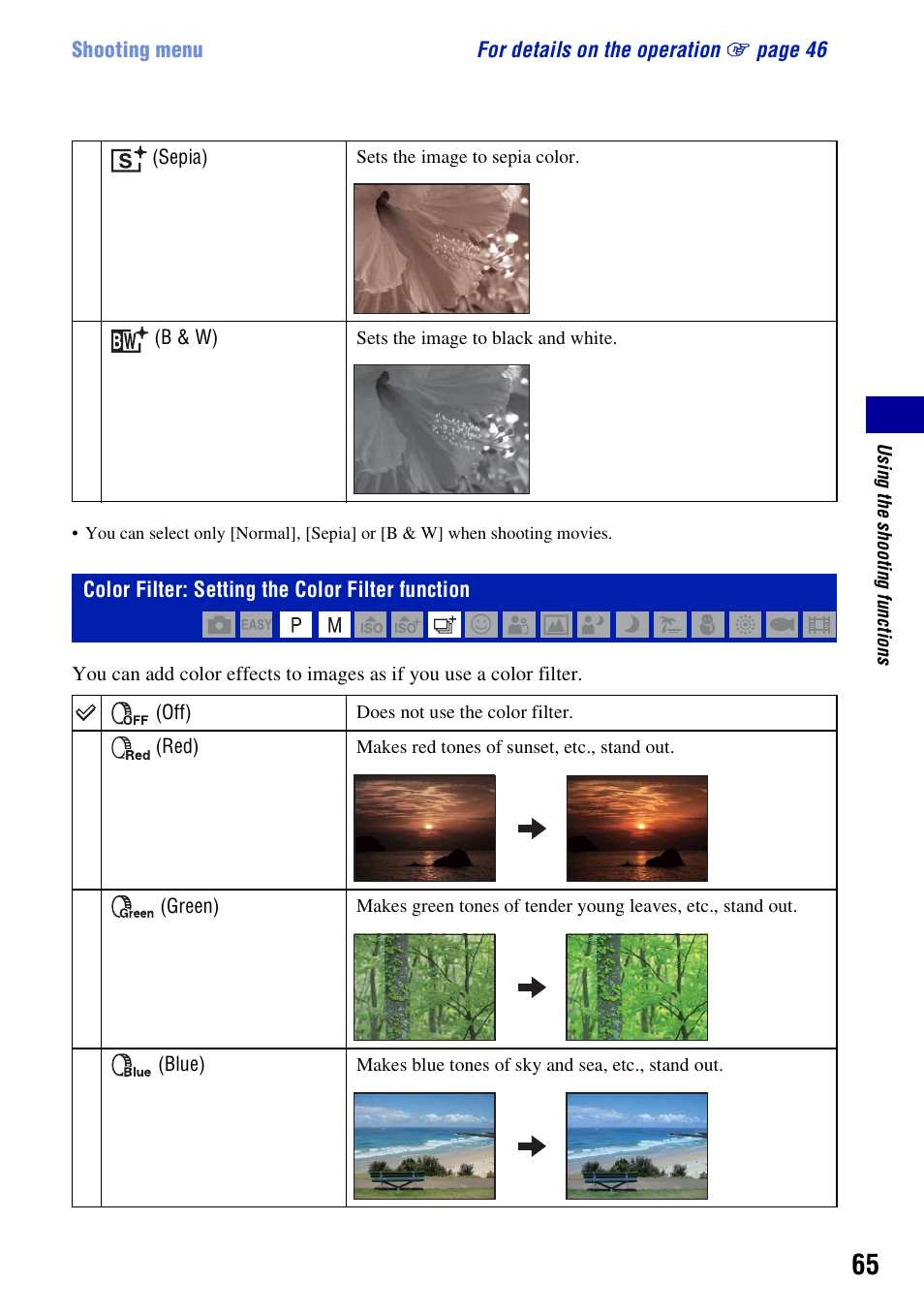 Color filter: setting the color filter function | Sony DSC-W300 User Manual | Page 65 / 145