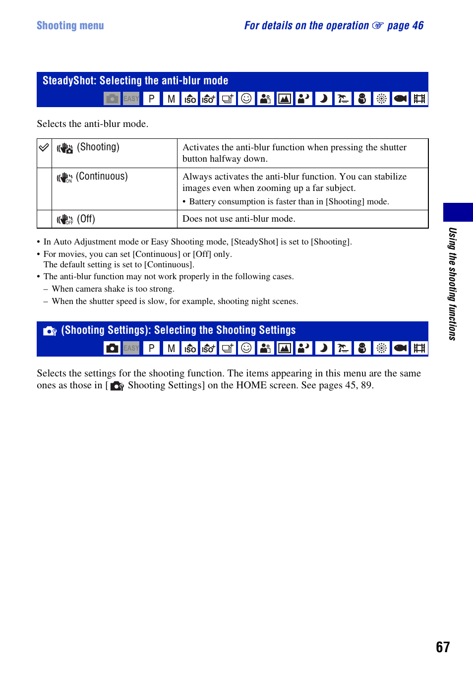 Steadyshot: selecting the anti-blur mode, Shooting settings: selecting the shooting settings | Sony DSC-W300 User Manual | Page 67 / 145