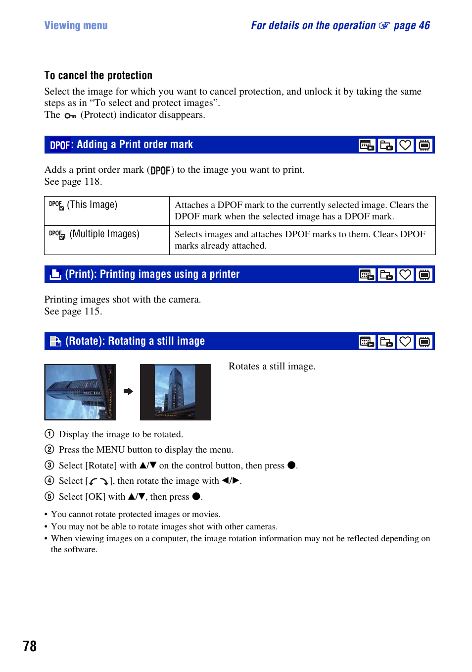 Dpof: adding a print order mark, Print: printing images using a printer, Rotate: rotating a still image | Adding a print order mark | Sony DSC-W300 User Manual | Page 78 / 145