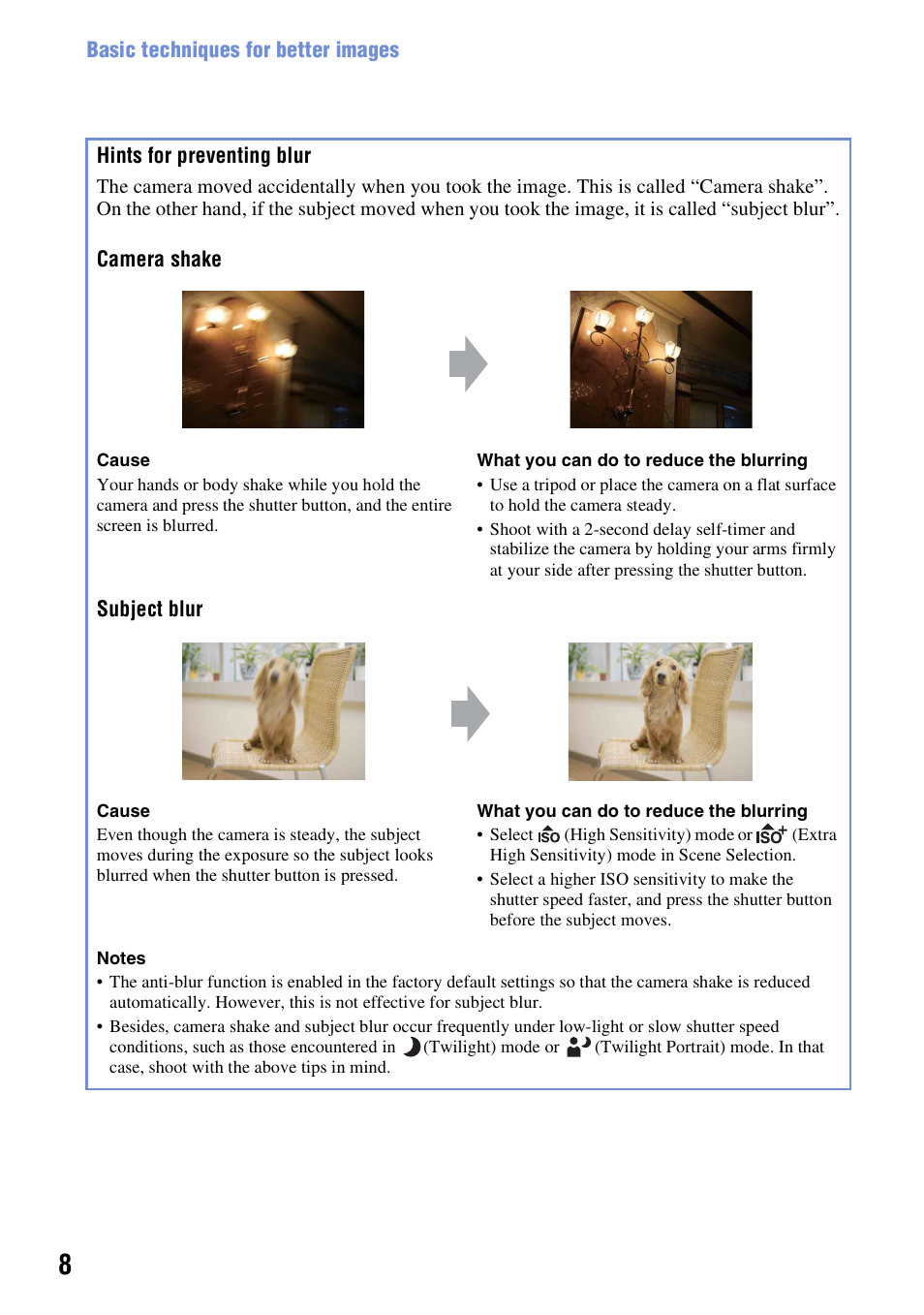 Hints for preventing blur | Sony DSC-W300 User Manual | Page 8 / 145