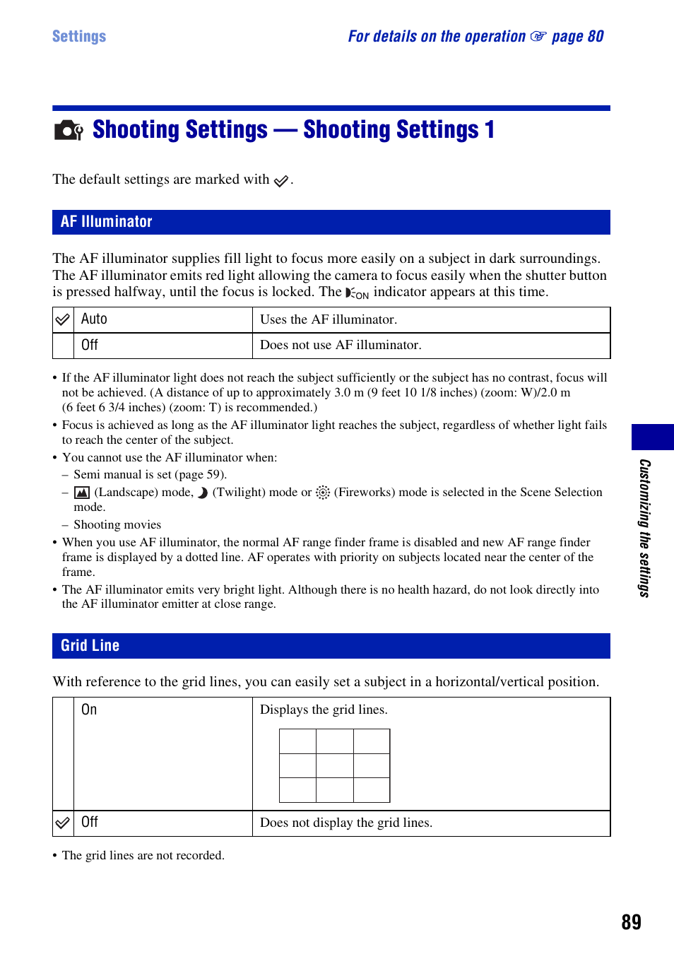 Shooting settings - shooting settings 1, Af illuminator, Grid line | Shooting settings — shooting settings 1, Af illuminator grid line | Sony DSC-W300 User Manual | Page 89 / 145