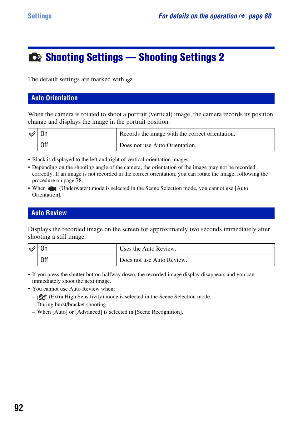 Shooting settings - shooting settings 2, Auto orientation, Auto review | Shooting settings — shooting settings 2 | Sony DSC-W300 User Manual | Page 92 / 145