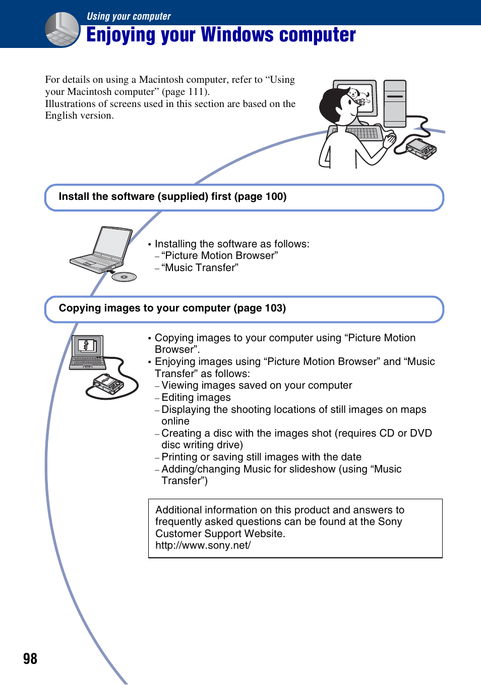 Using your computer, Enjoying your windows computer | Sony DSC-W300 User Manual | Page 98 / 145