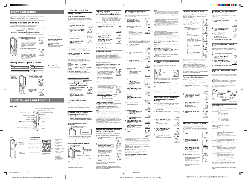 Erasing messages, Index to parts and controls, Erasing messages one by one | Erasing all messages in a folder | Sony ICD-P110VTP User Manual | Page 2 / 2