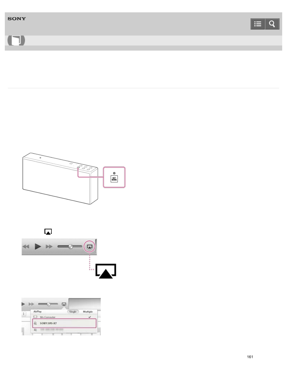 Listening with the airplay function (itunes), Help guide | Sony SRS-X7 User Manual | Page 173 / 287