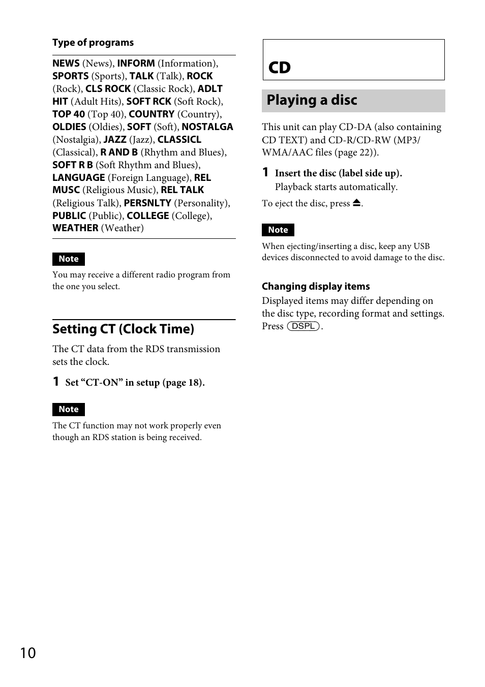 Playing a disc, Setting ct (clock time) | Sony CDX-GT56UI User Manual | Page 10 / 60