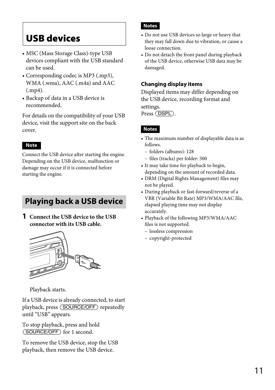 Usb devices, Playing back a usb device | Sony CDX-GT56UI User Manual | Page 11 / 60