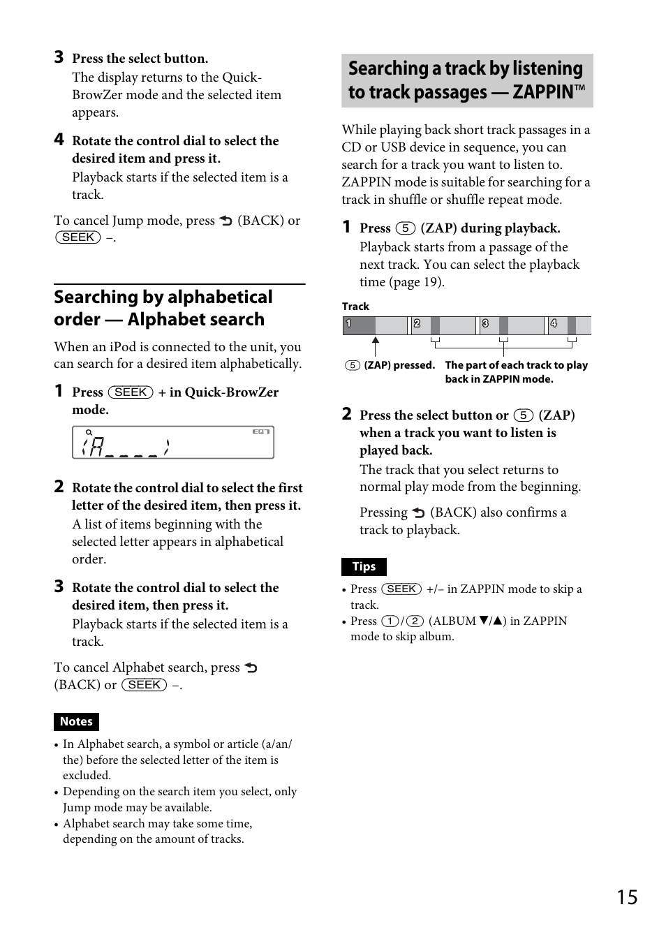Searching by alphabetical order — alphabet search | Sony CDX-GT56UI User Manual | Page 15 / 60
