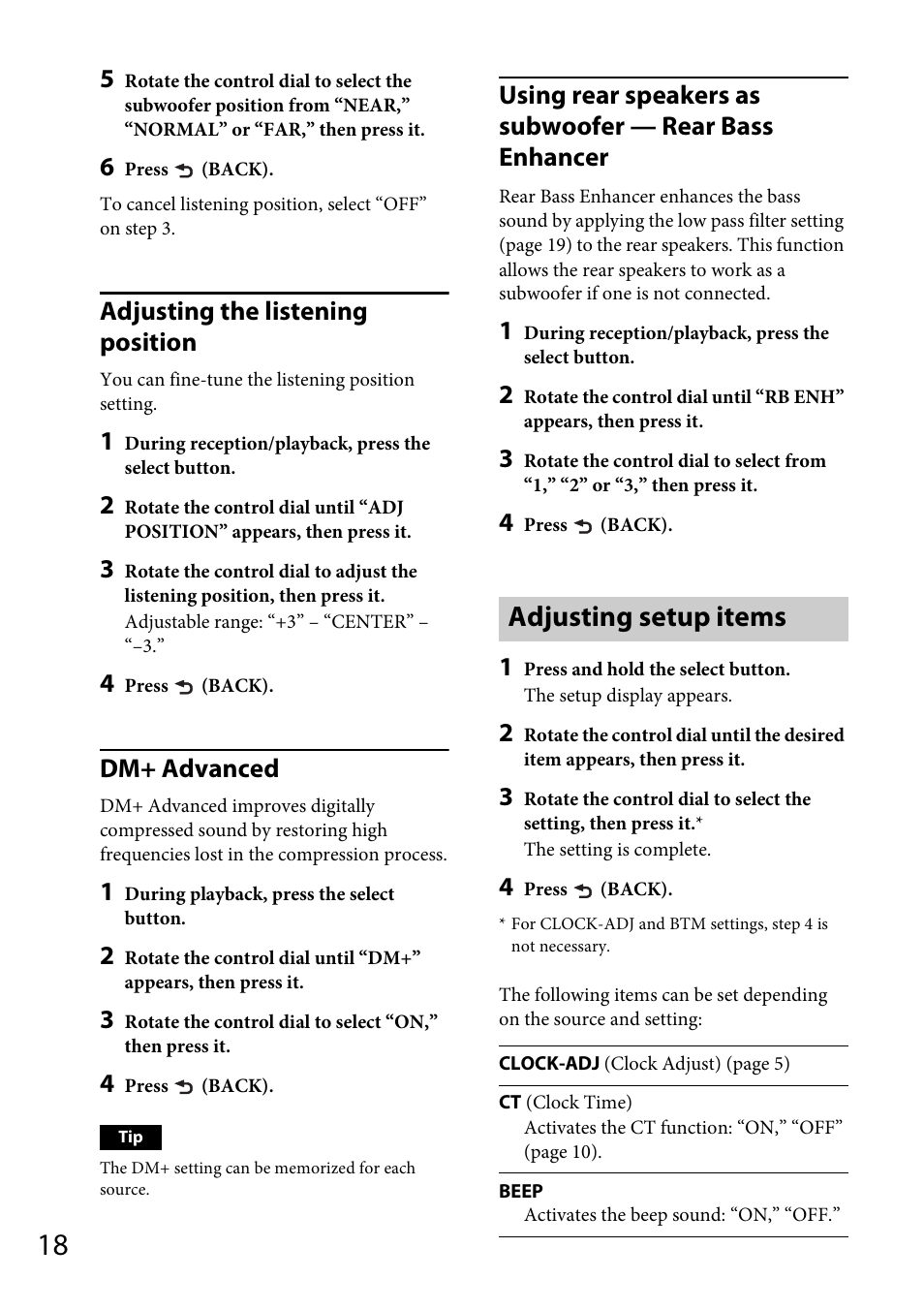 Adjusting setup items, Adjusting the listening position, Dm+ advanced | Sony CDX-GT56UI User Manual | Page 18 / 60