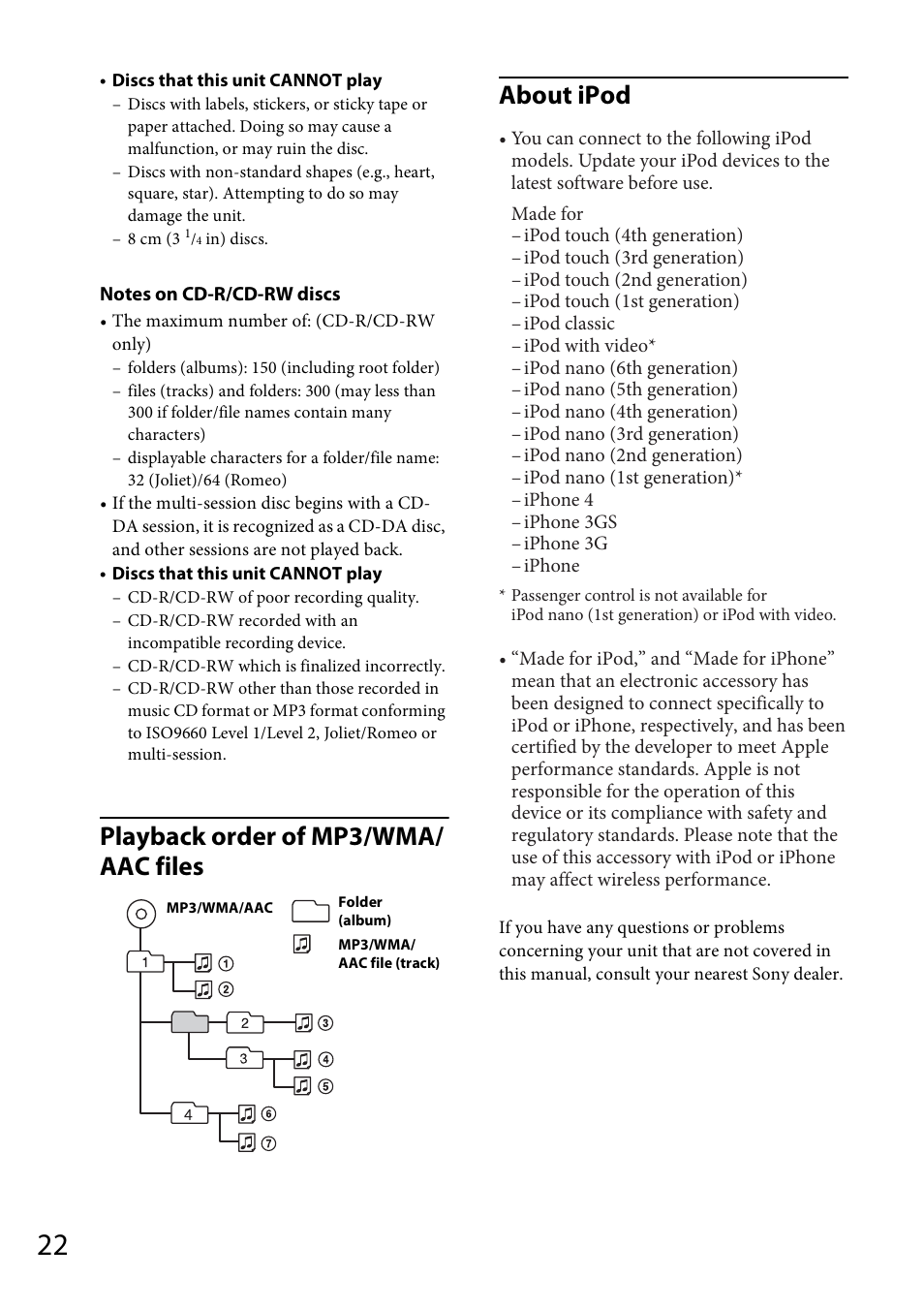 Playback order of mp3/wma/ aac files about ipod | Sony CDX-GT56UI User Manual | Page 22 / 60