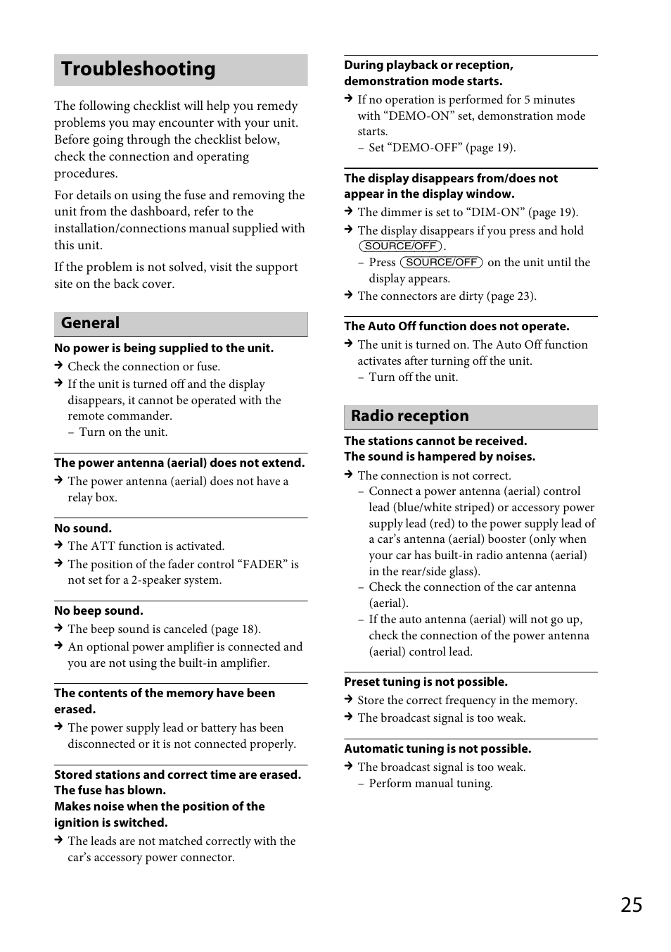 Troubleshooting, General, Radio reception | Sony CDX-GT56UI User Manual | Page 25 / 60