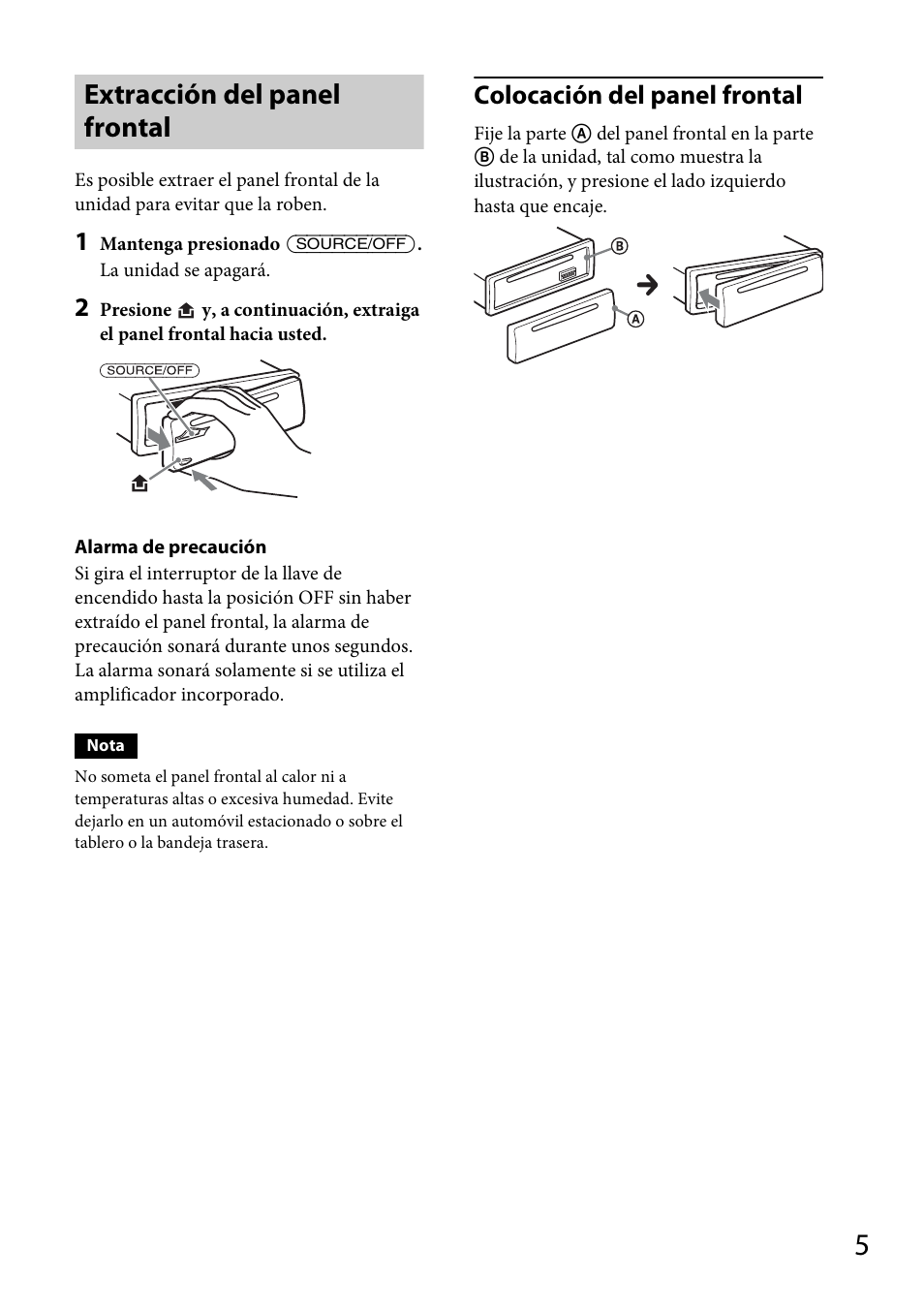 Extracción del panel frontal, Colocación del panel frontal | Sony CDX-GT56UI User Manual | Page 33 / 60