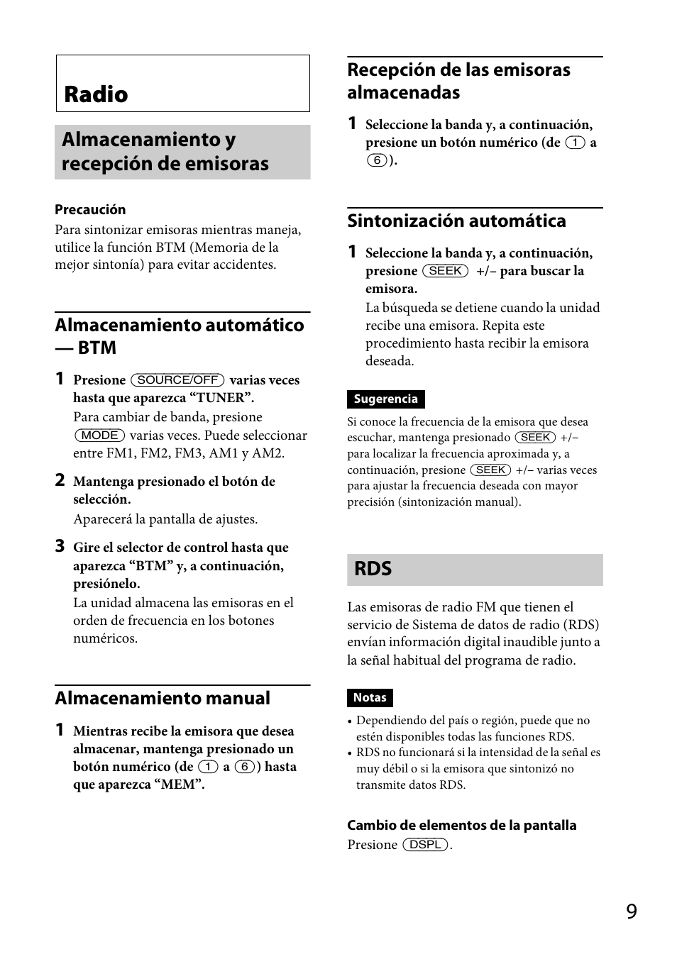 Radio, Almacenamiento y recepción de emisoras, Almacenamiento y recepción de emisoras rds | Almacenamiento automático — btm 1, Almacenamiento manual 1, Recepción de las emisoras almacenadas 1, Sintonización automática 1 | Sony CDX-GT56UI User Manual | Page 37 / 60