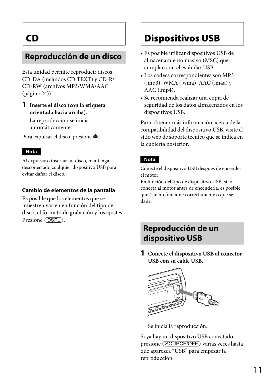Reproducción de un disco, Dispositivos usb, Reproducción de un dispositivo usb | Sony CDX-GT56UI User Manual | Page 39 / 60