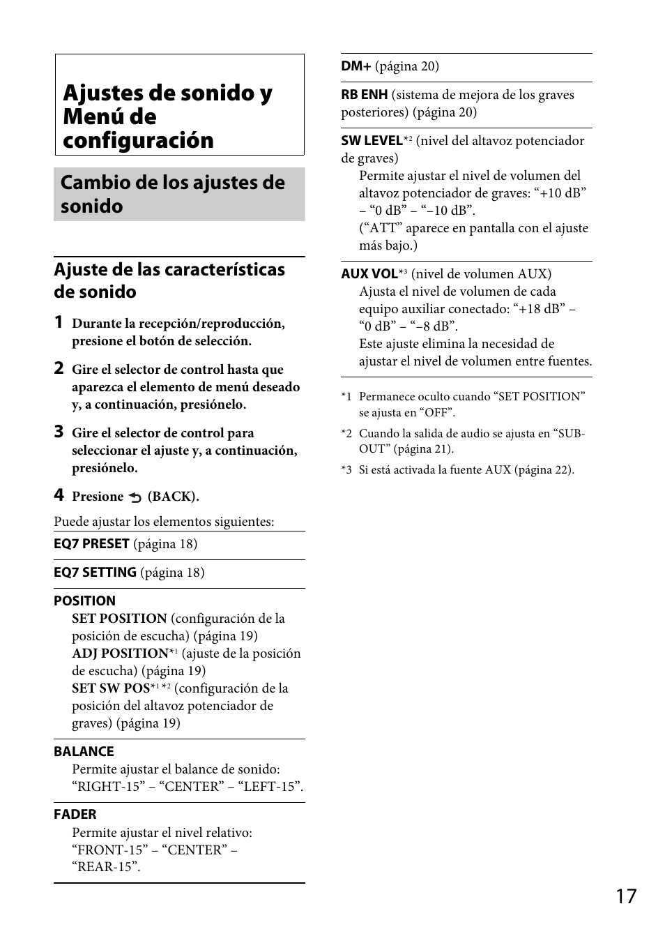 Ajustes de sonido y menú de configuración, Cambio de los ajustes de sonido, Ajuste de las características de sonido 1 | Sony CDX-GT56UI User Manual | Page 45 / 60