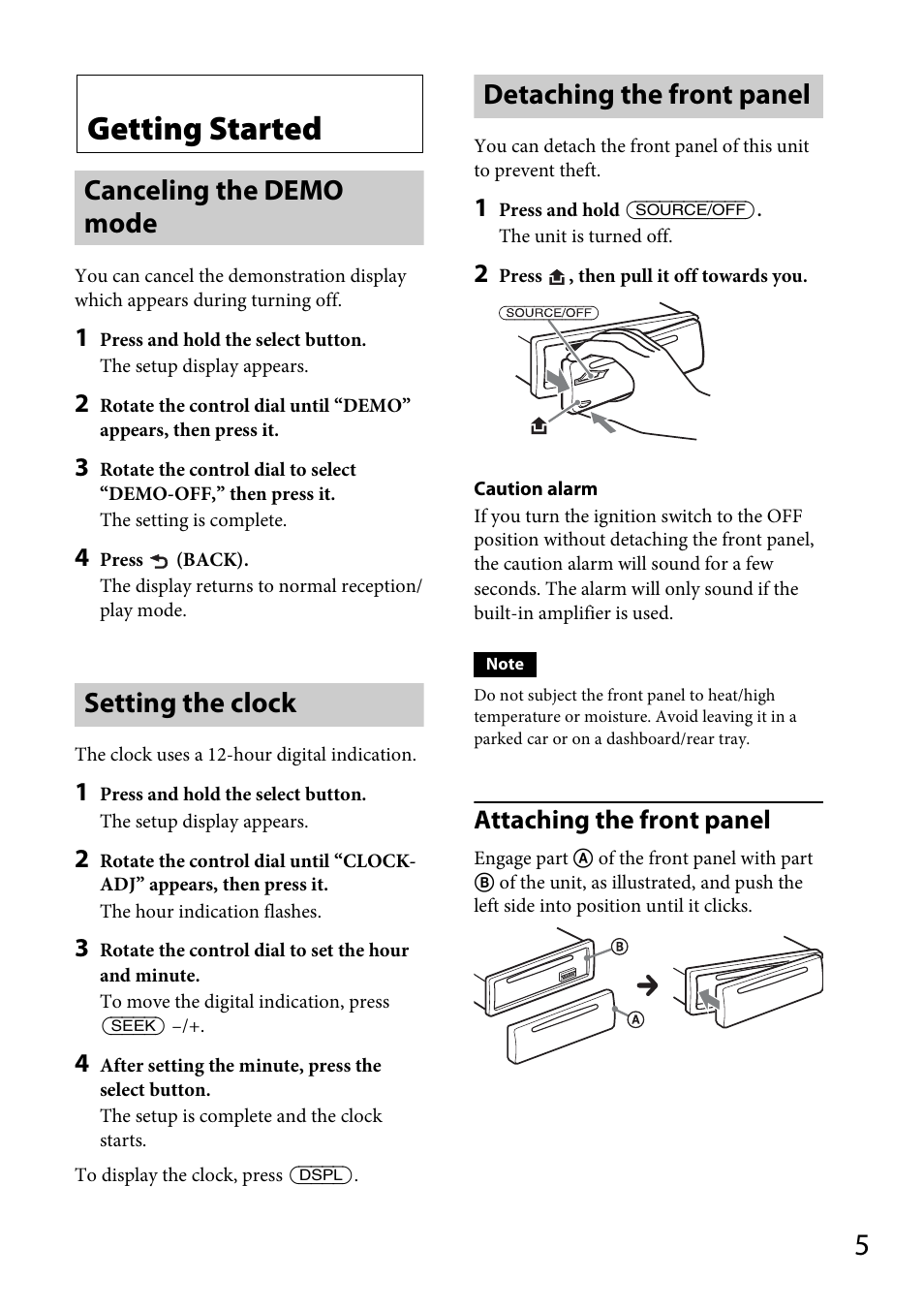 Getting started, Canceling the demo mode, Setting the clock | Detaching the front panel, Attaching the front panel | Sony CDX-GT56UI User Manual | Page 5 / 60