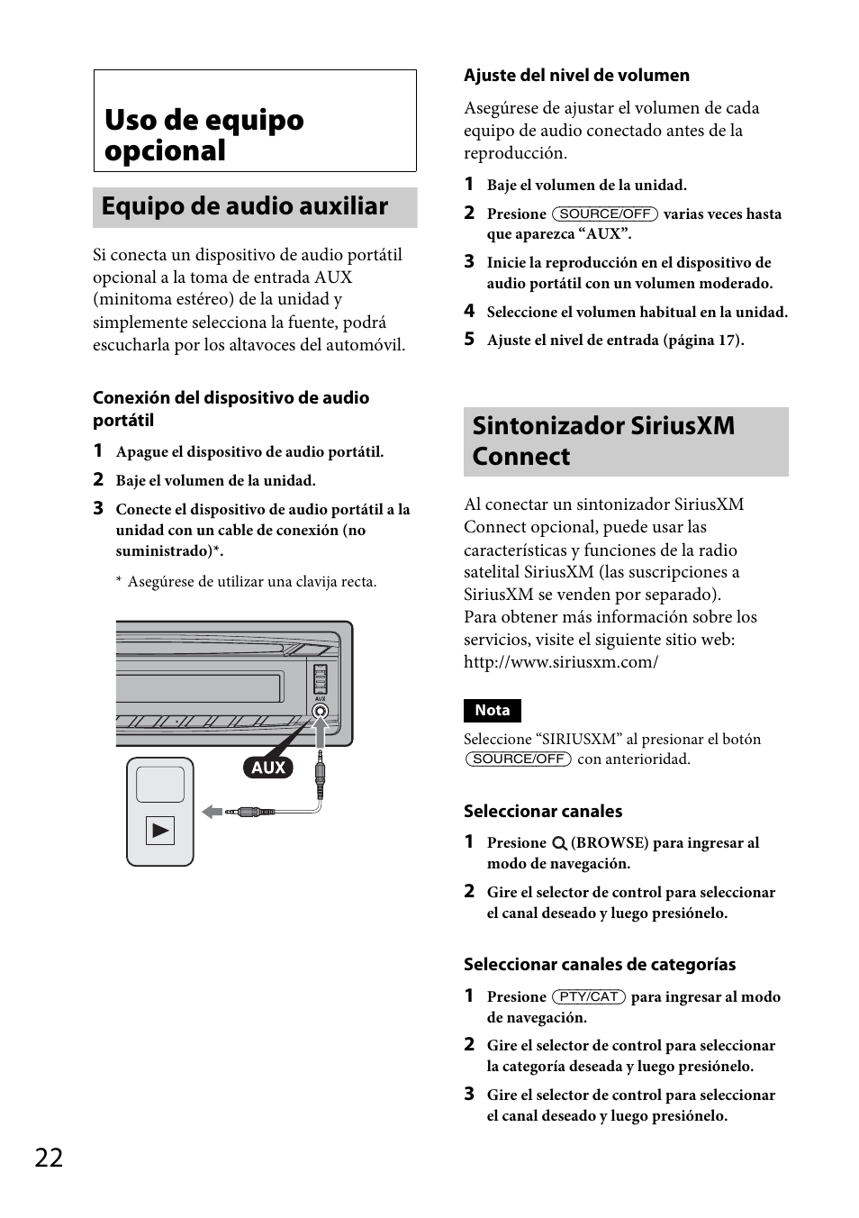 Uso de equipo opcional, Equipo de audio auxiliar, Sintonizador siriusxm connect | Sony CDX-GT56UI User Manual | Page 50 / 60