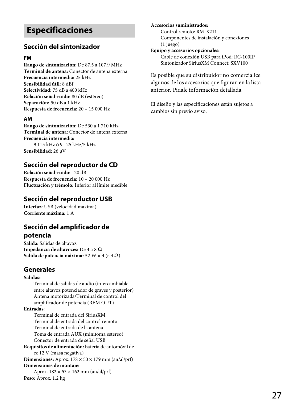 Especificaciones, Sección del sintonizador, Sección del reproductor de cd | Sección del reproductor usb, Sección del amplificador de potencia, Generales | Sony CDX-GT56UI User Manual | Page 55 / 60