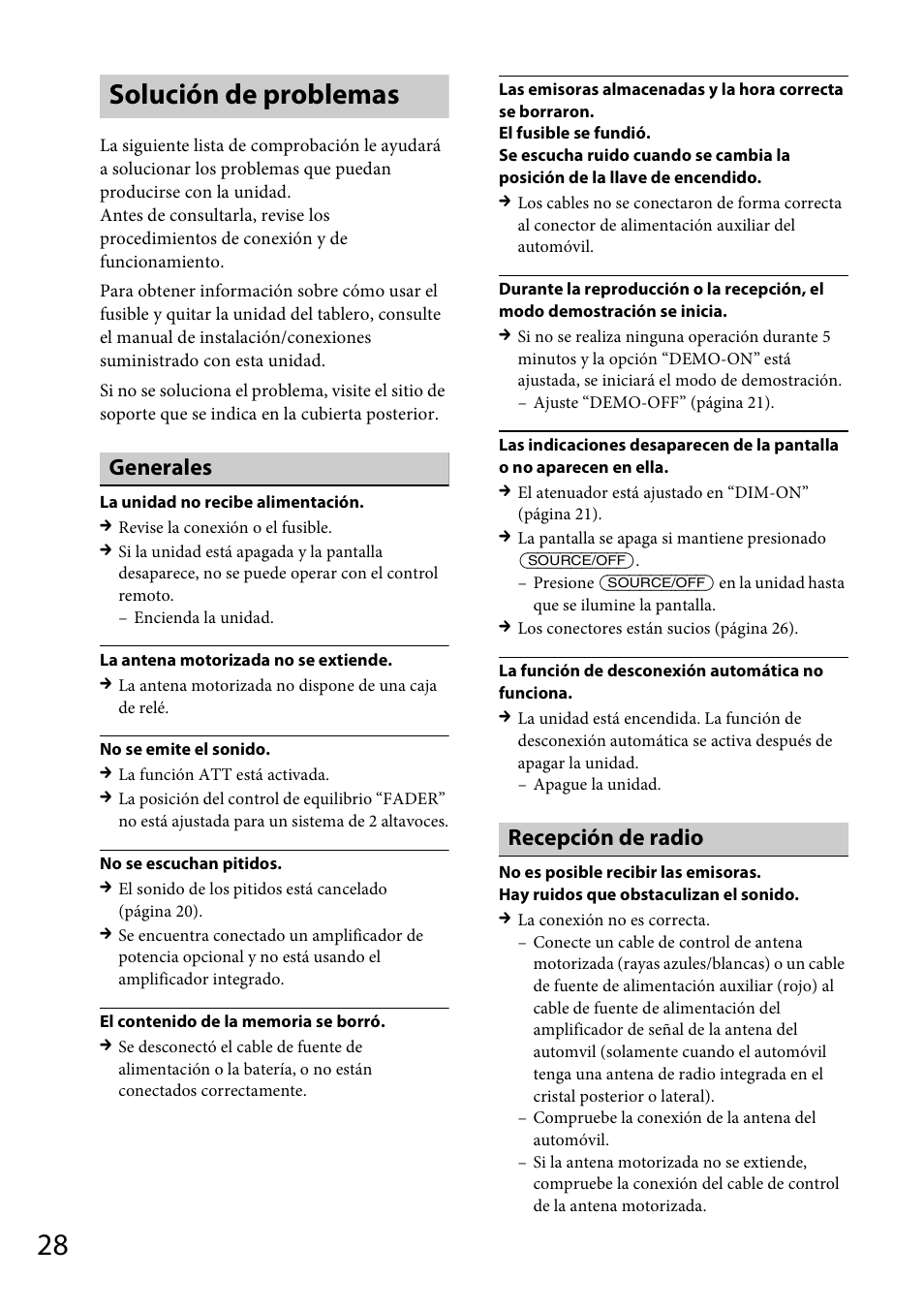Solución de problemas, Generales, Recepción de radio | Sony CDX-GT56UI User Manual | Page 56 / 60