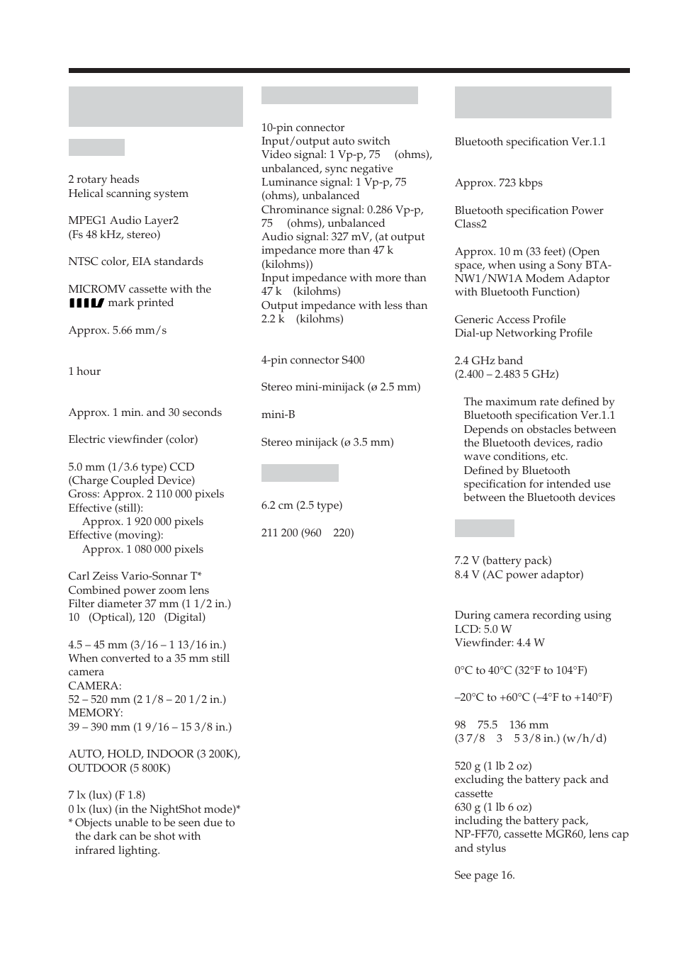 Specifications, Video camera recorder | Sony DCR-IP210 User Manual | Page 208 / 220