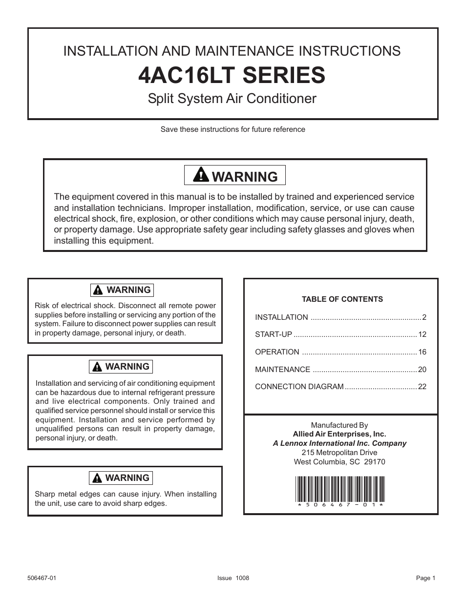 Allied Air Enterprises 4AC16LT User Manual | 22 pages