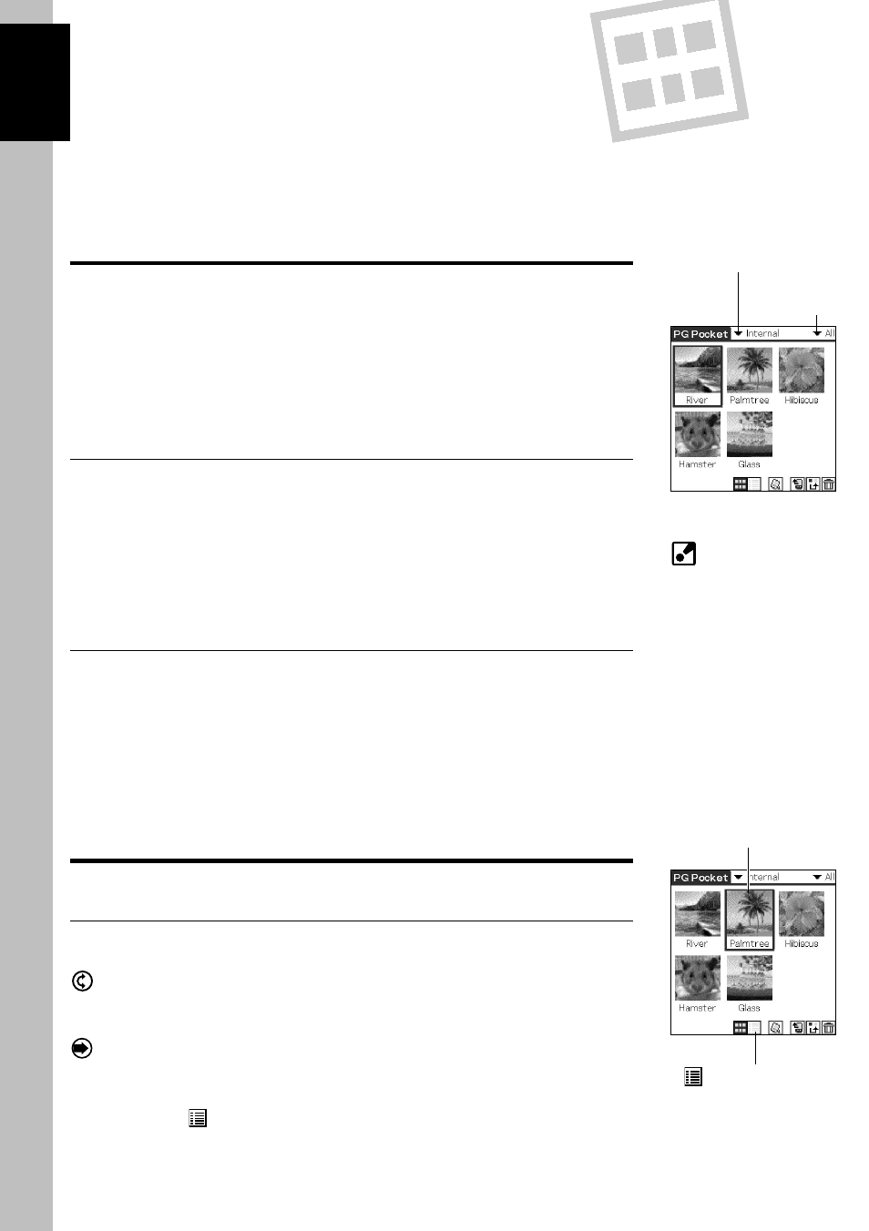 Selecting storage location and category, Selecting a storage location, Selecting a category | Selecting a picture, Selecting a picture in preview mode, Viewing and organizing pictures | Sony PEG-N610C User Manual | Page 12 / 29