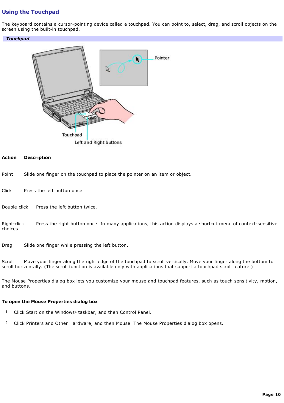 Using the touchpad | Sony PCG-NV190P User Manual | Page 10 / 188