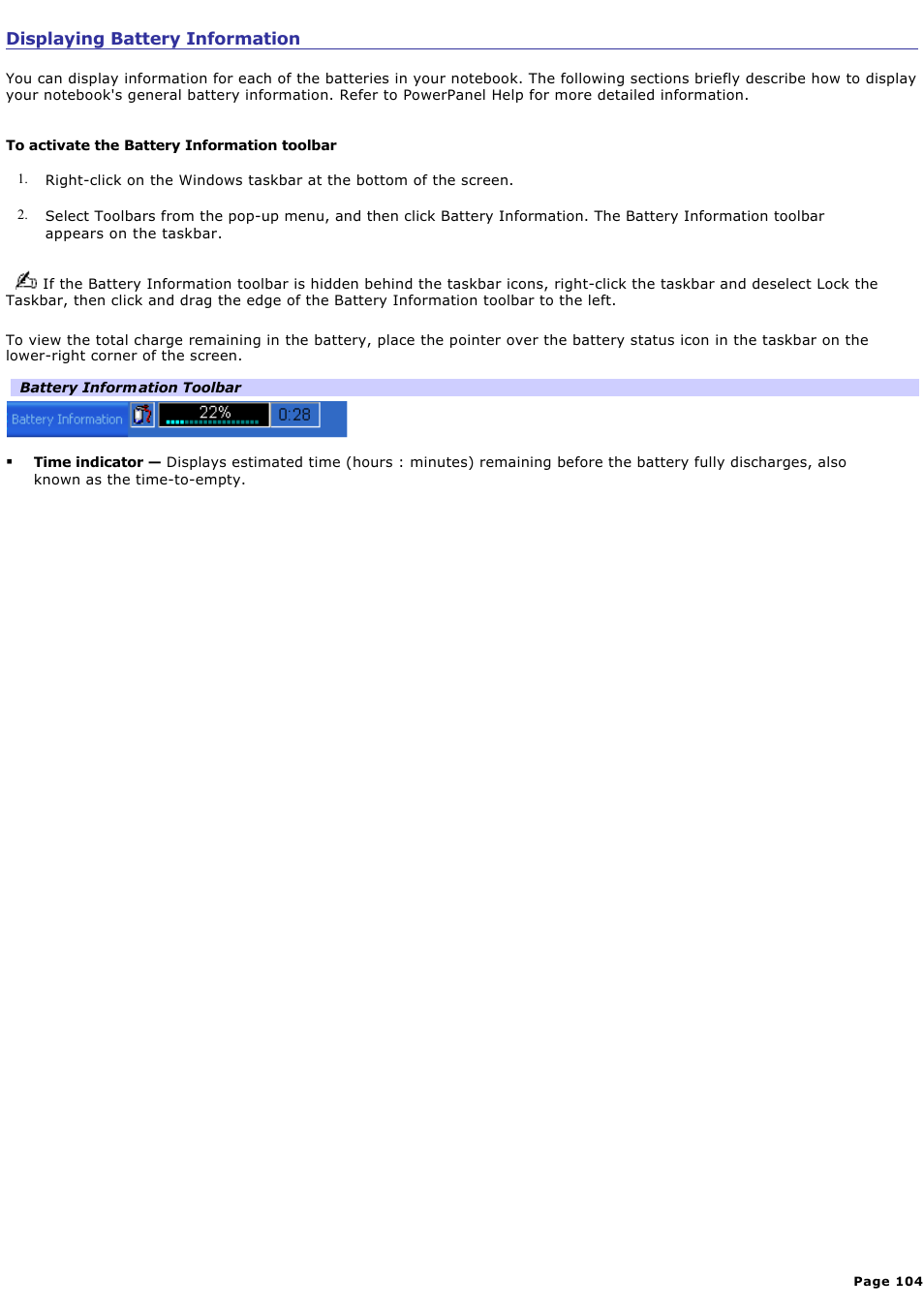 Displaying battery information | Sony PCG-NV190P User Manual | Page 104 / 188