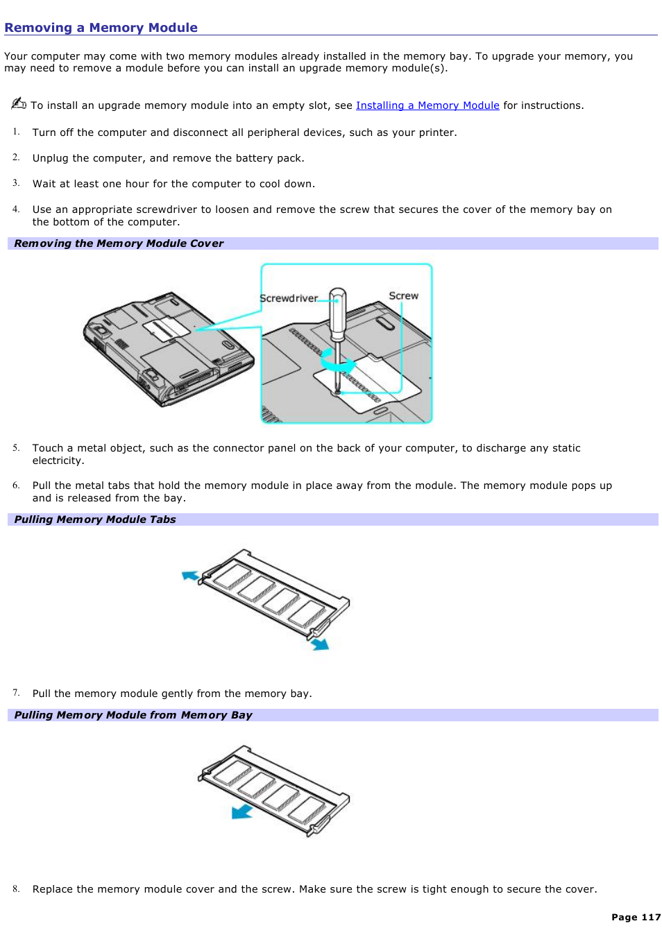 Removing a memory module | Sony PCG-NV190P User Manual | Page 117 / 188