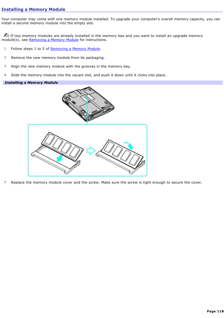 Installing a memory module | Sony PCG-NV190P User Manual | Page 118 / 188