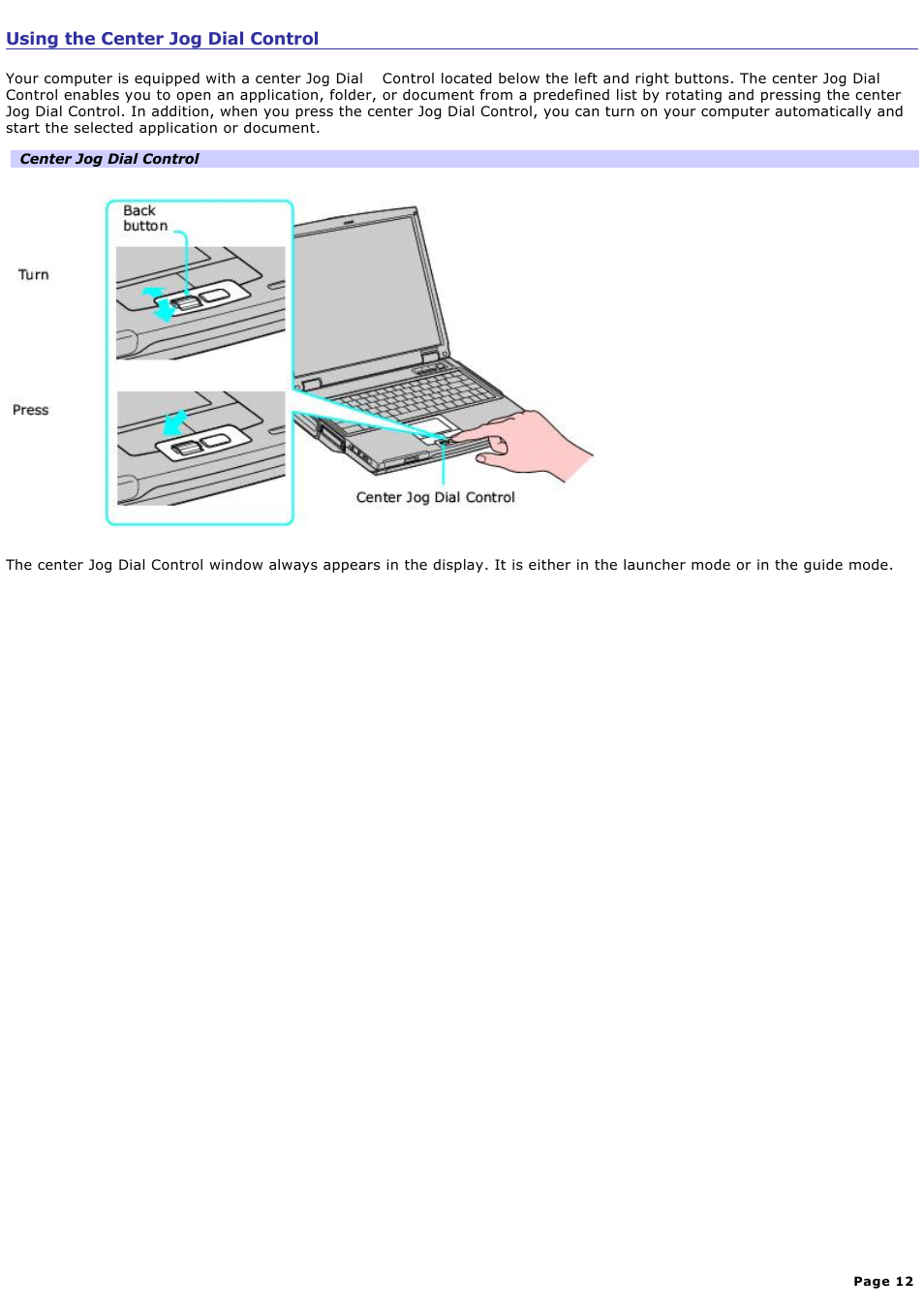 Using the center jog dial control | Sony PCG-NV190P User Manual | Page 12 / 188