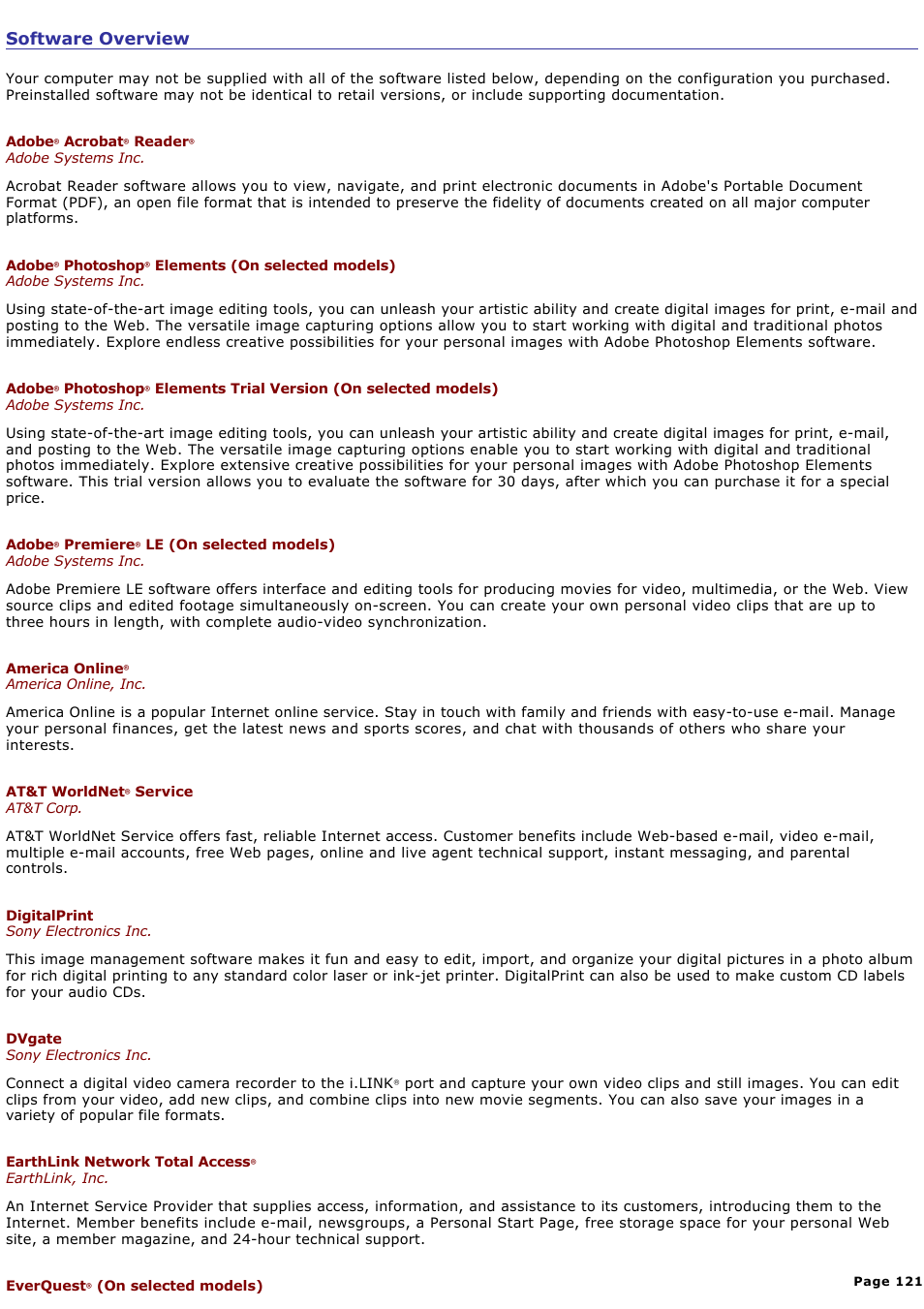 Software overview | Sony PCG-NV190P User Manual | Page 121 / 188
