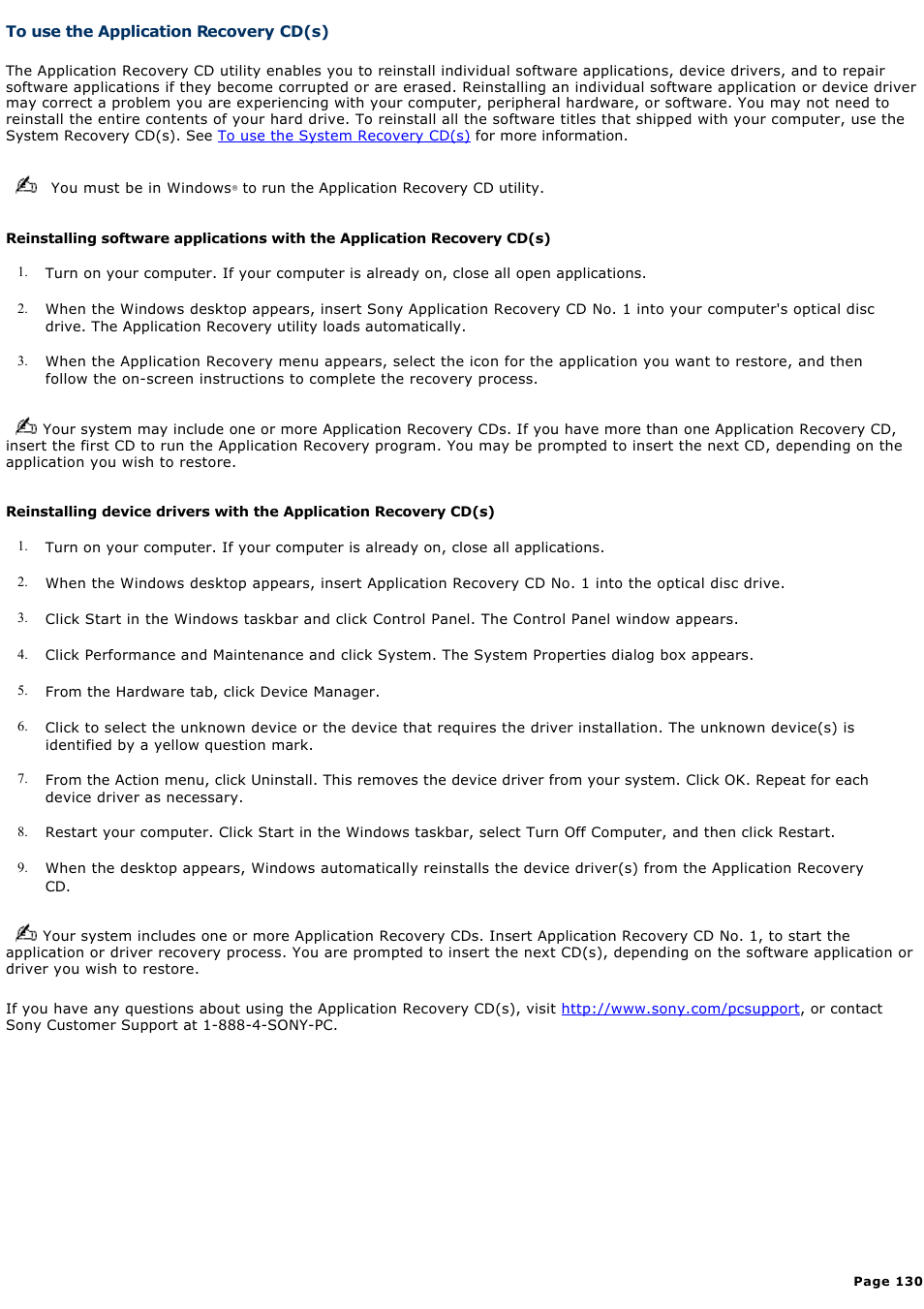 To use the application recovery cd(s) | Sony PCG-NV190P User Manual | Page 130 / 188